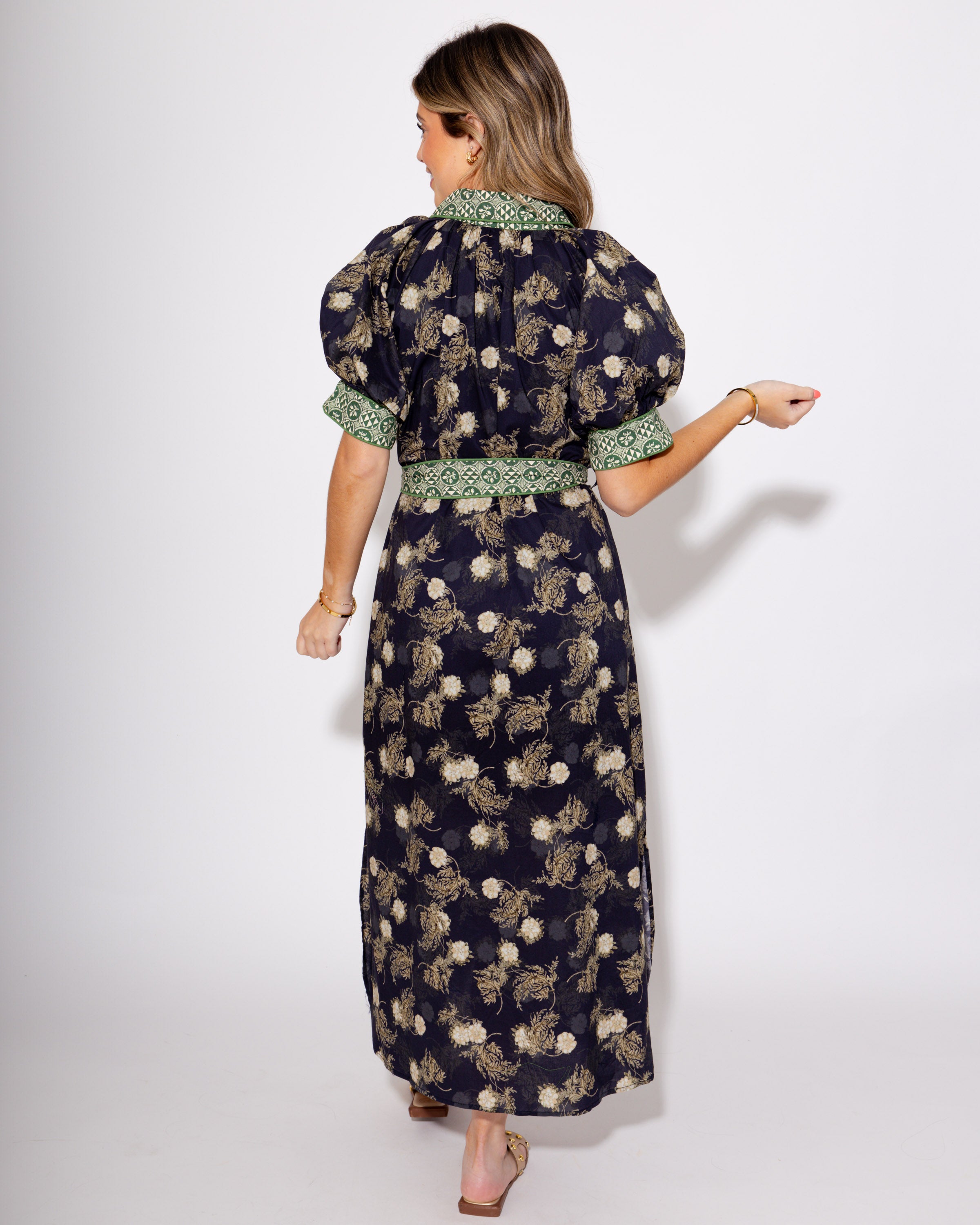 Navy Bloom Belted Midi Dress