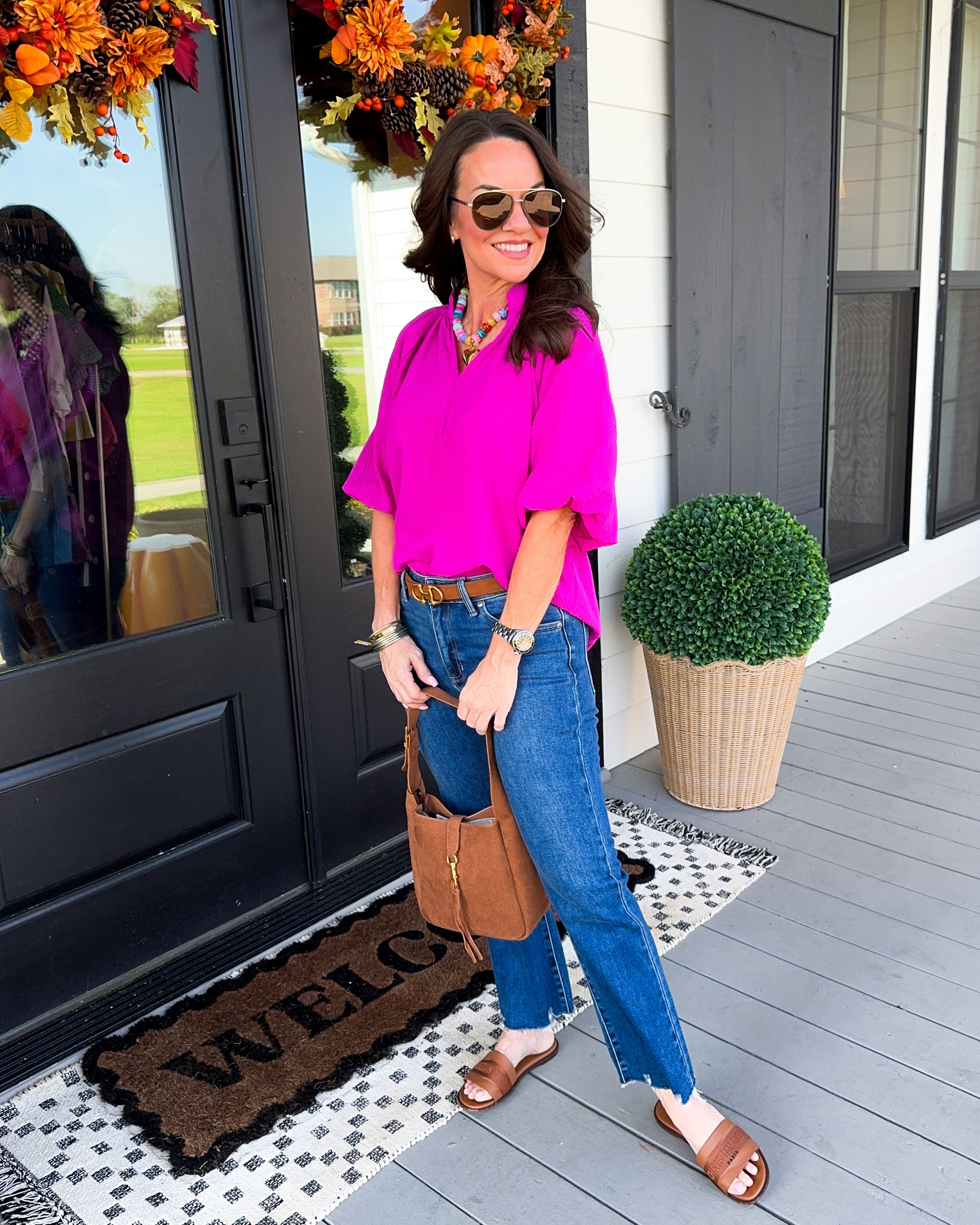Seersucker Bubble Sleeve Top in Magenta