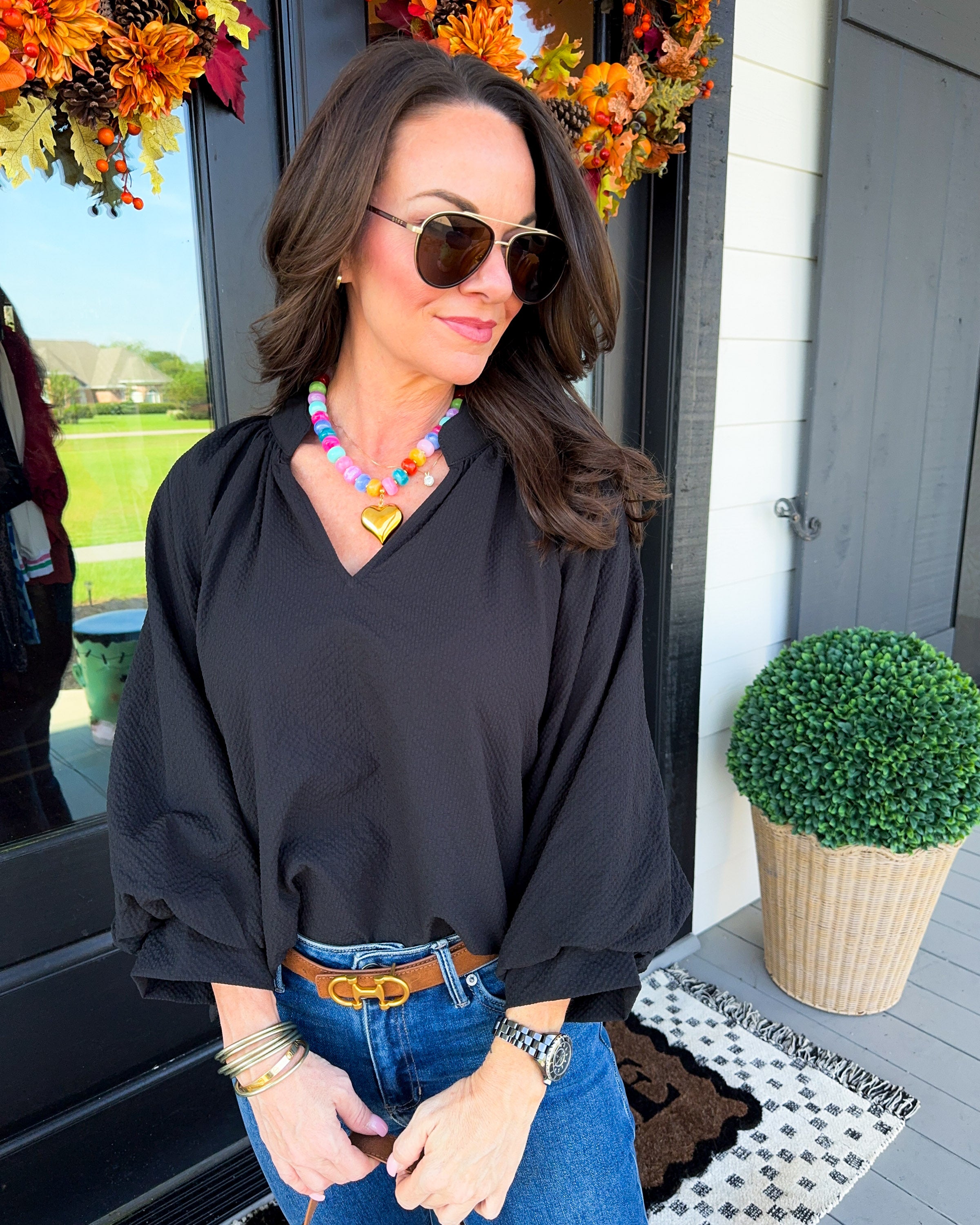 Textured Balloon Sleeve Top in Black