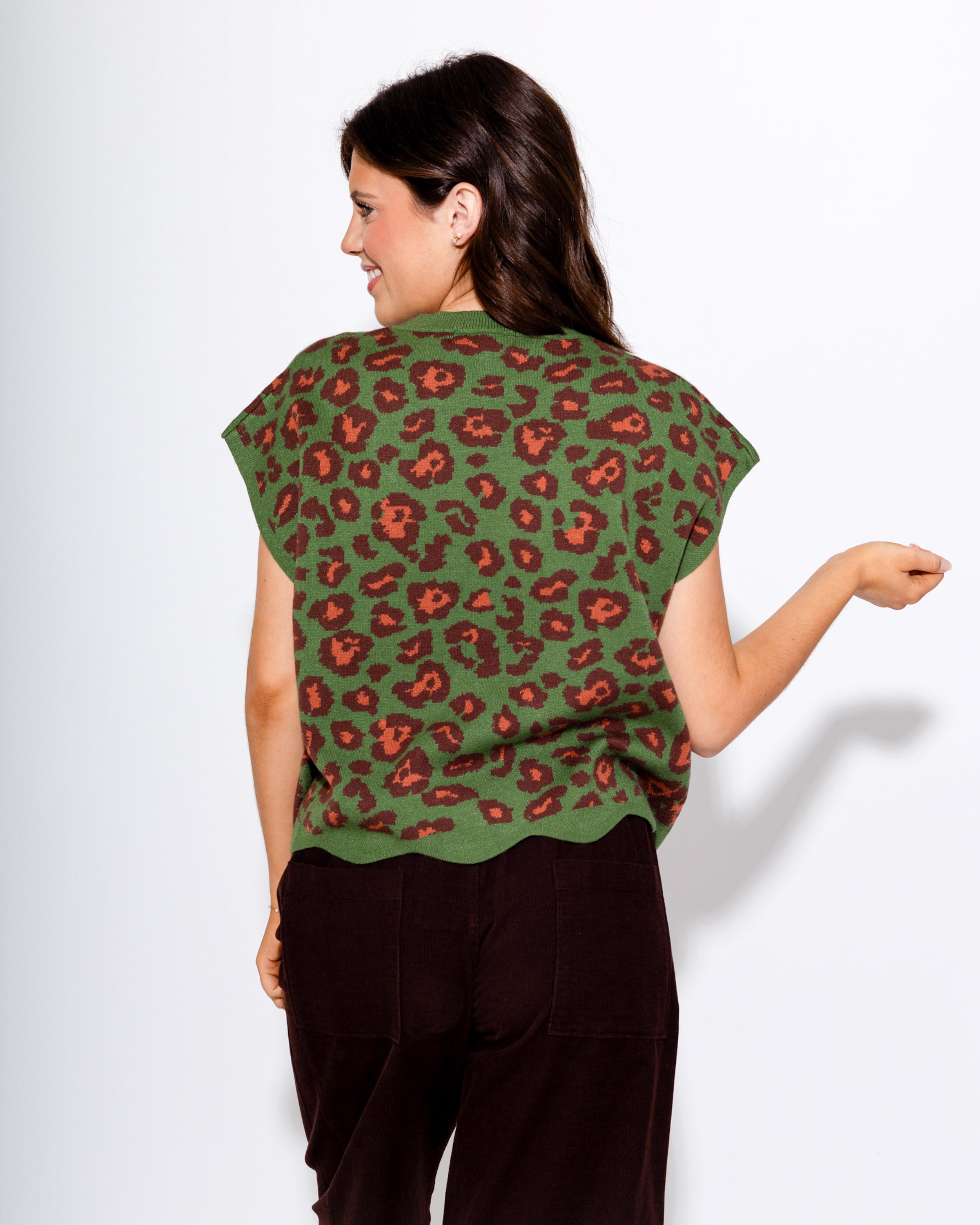 Scallop Edge Animal Print Top in Olive