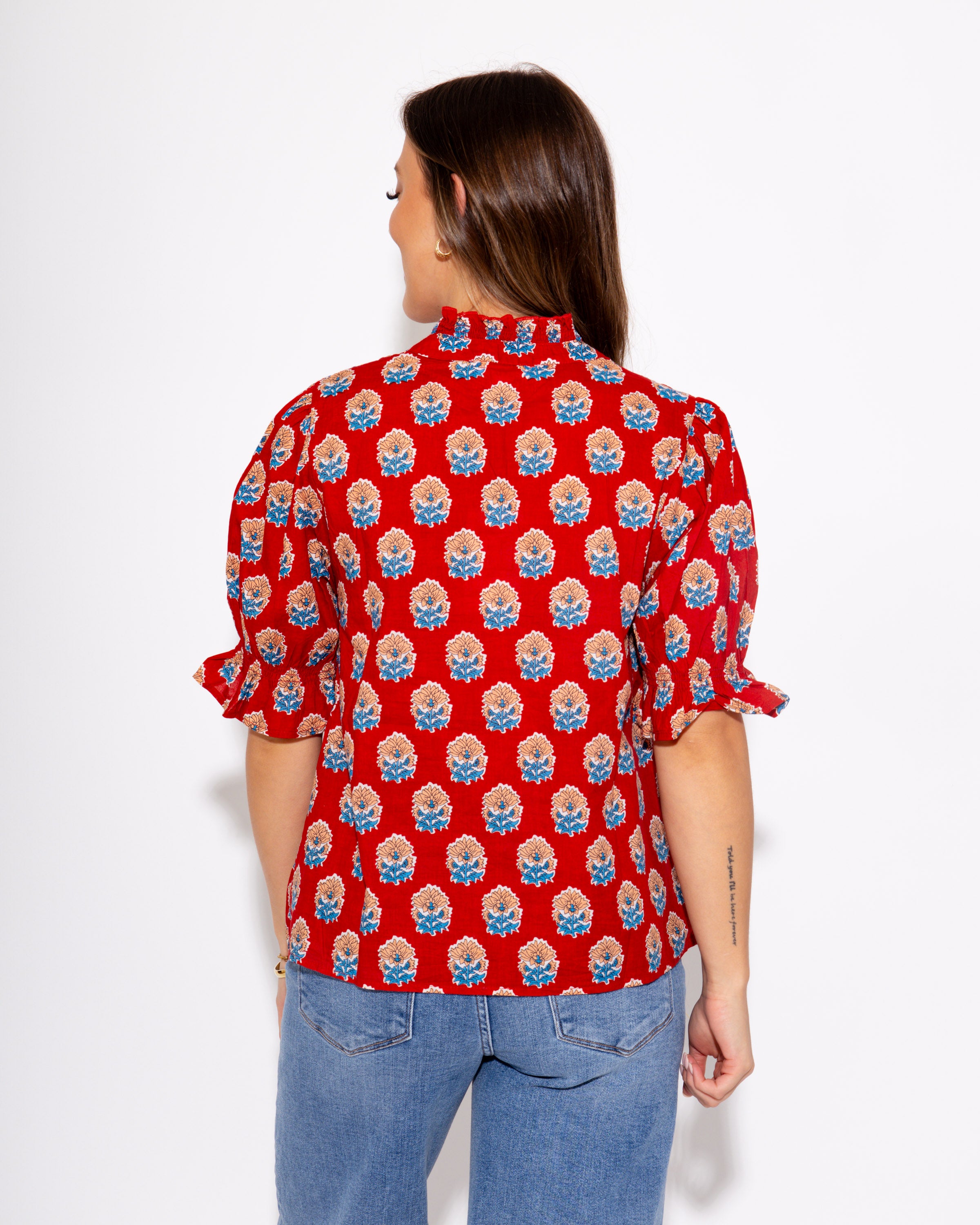 Floral Motif Ruffle Neck Top