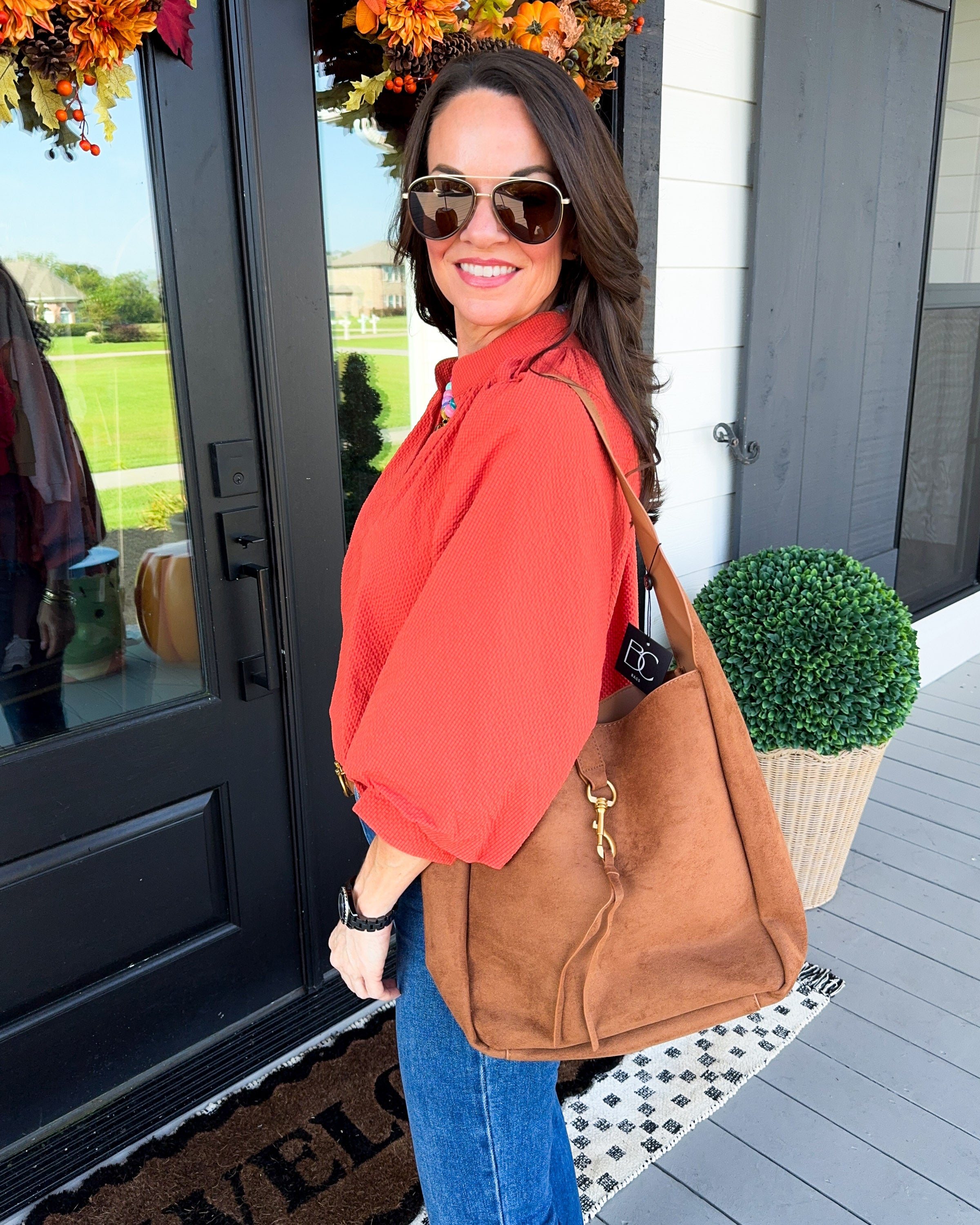 Textured Balloon Sleeve Top in Rust