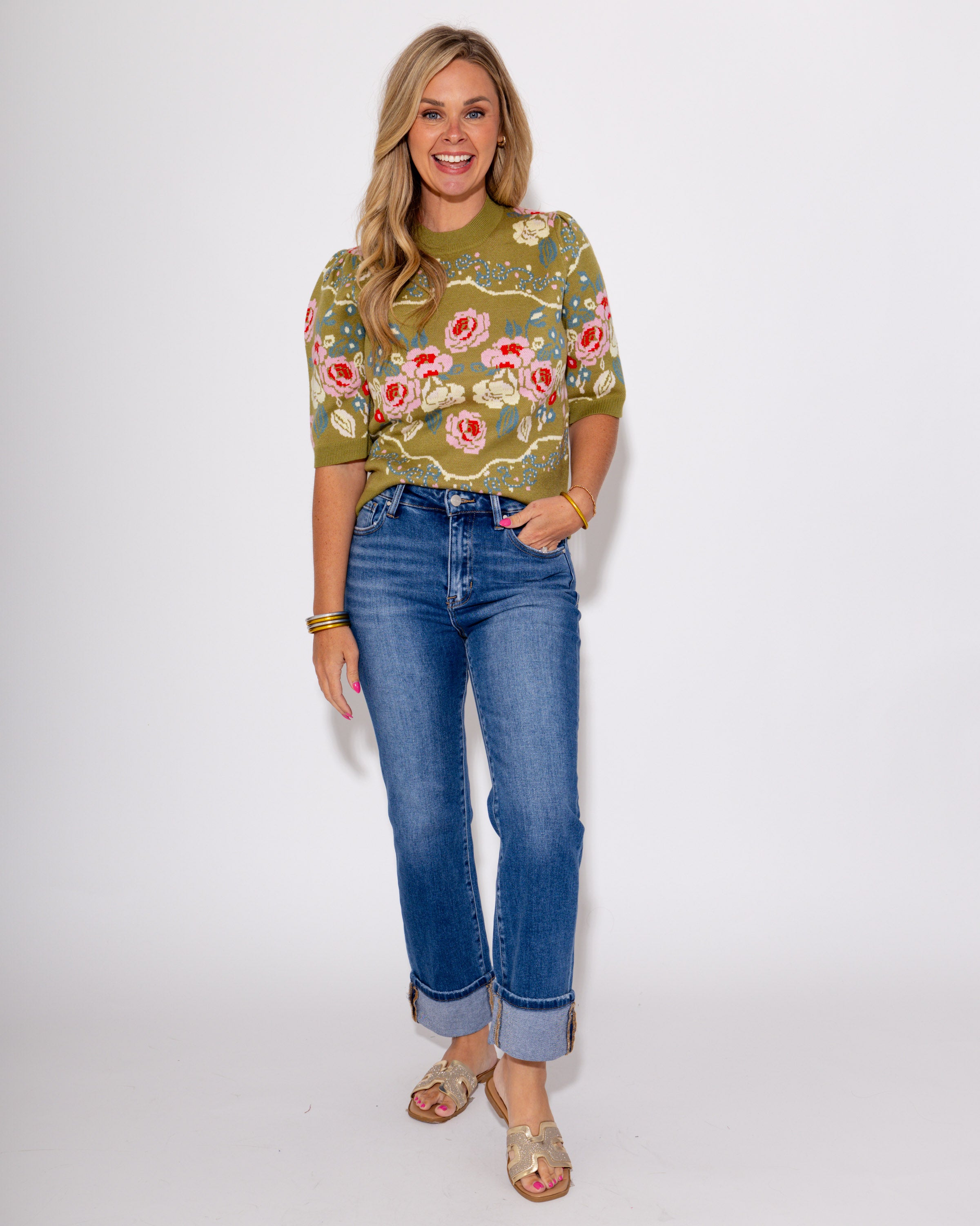 High Rise Ankle Straight Cuffed Jeans in Medium