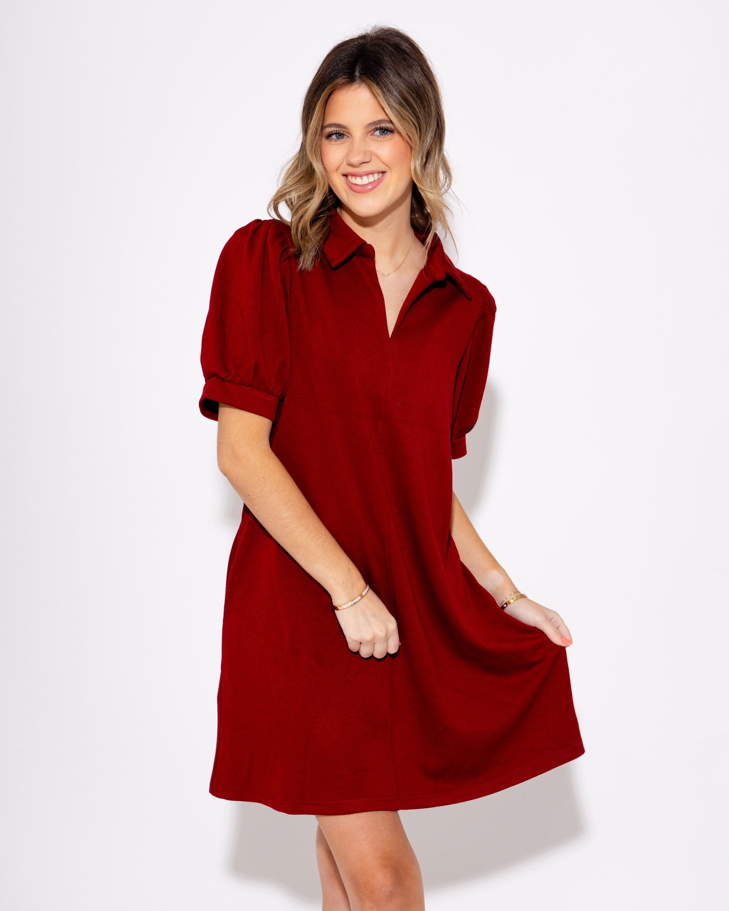 Burgundy Lane Split Neck Short Sleeve Mini Dress