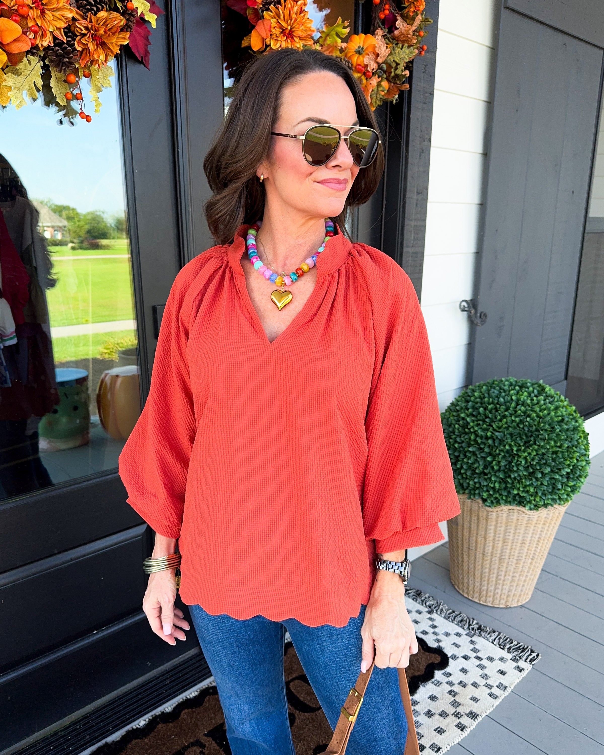 Textured Balloon Sleeve Top in Rust