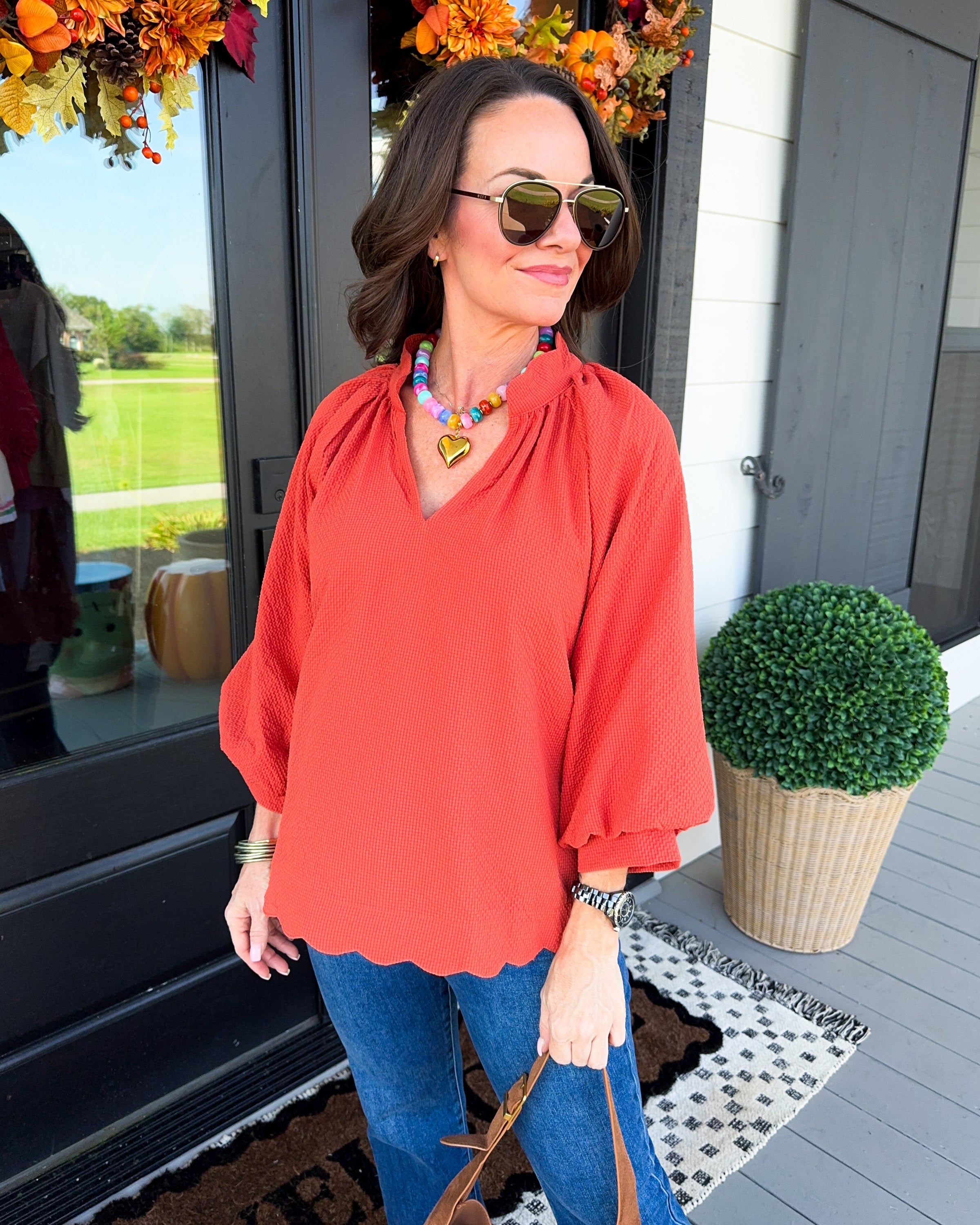 Textured Balloon Sleeve Top in Rust