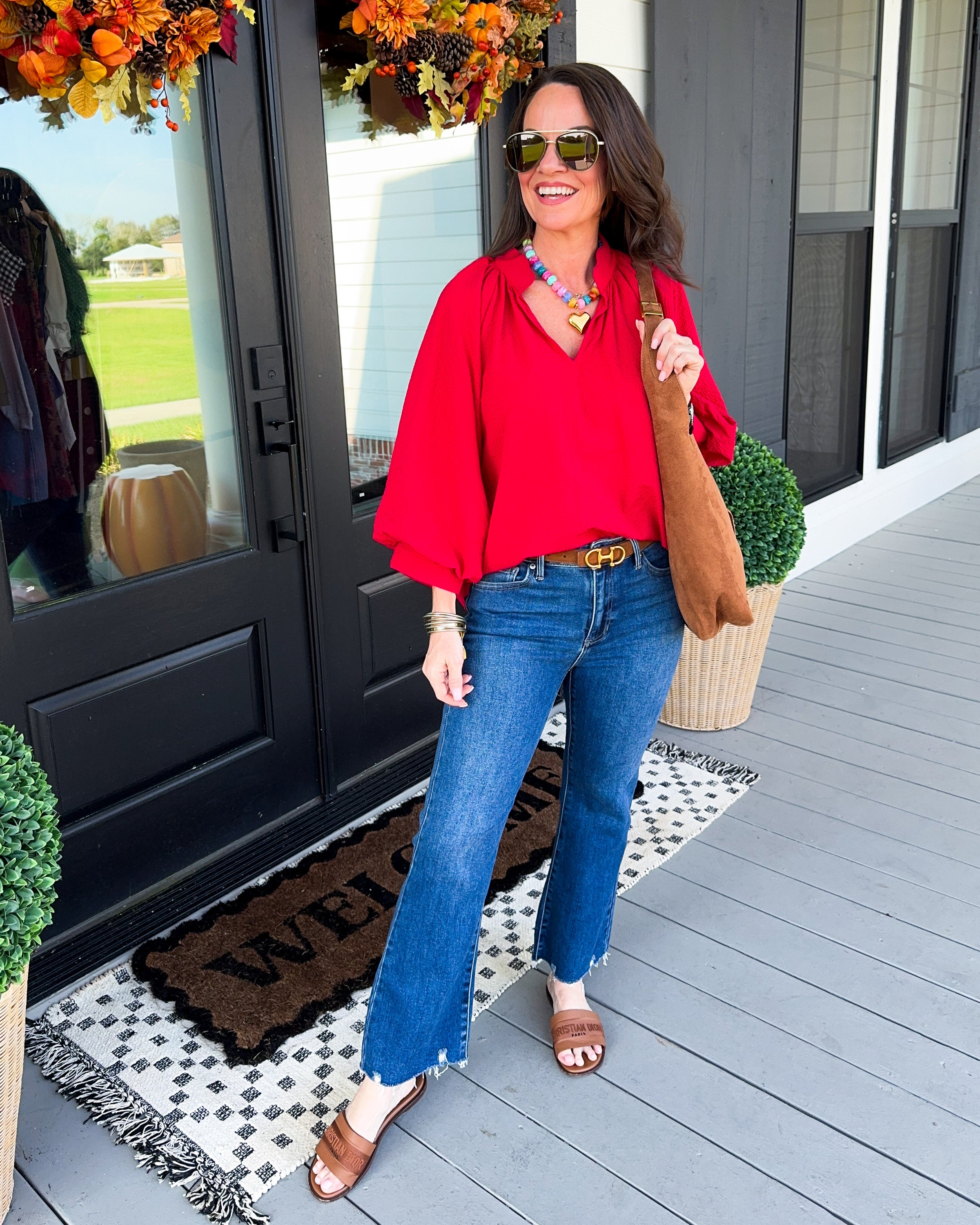 Textured Balloon Sleeve Top in Red