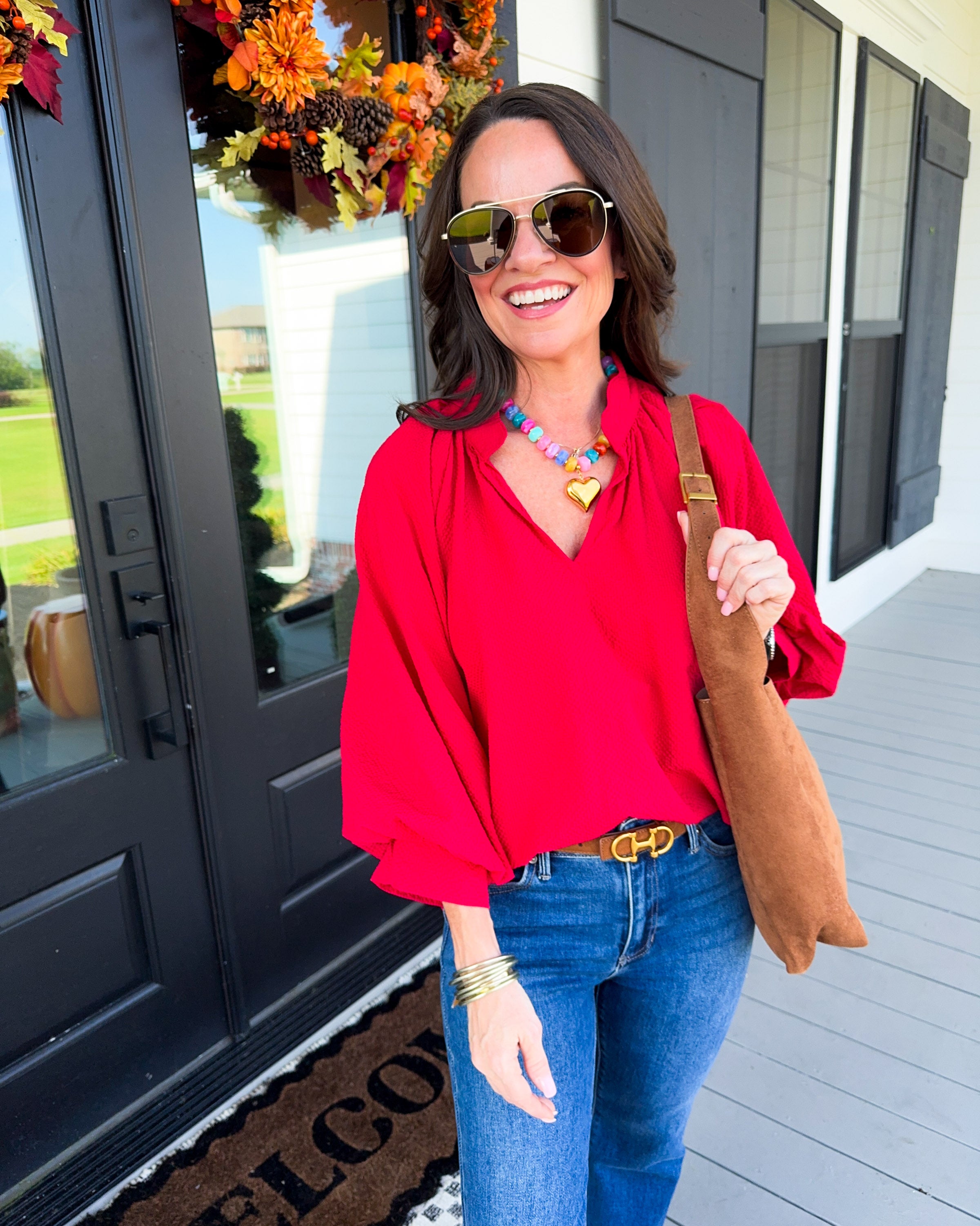 Textured Balloon Sleeve Top in Red