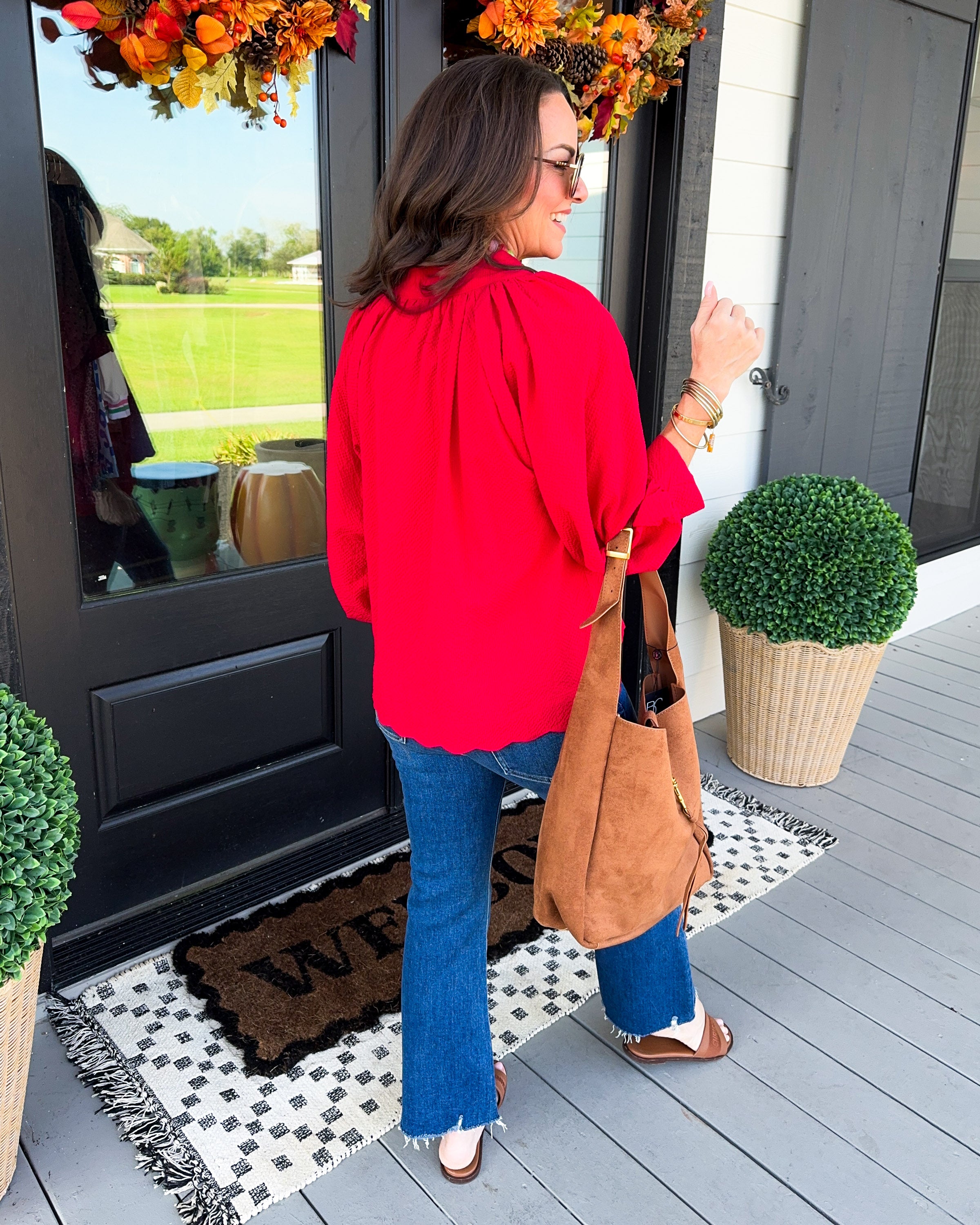 Textured Balloon Sleeve Top in Red