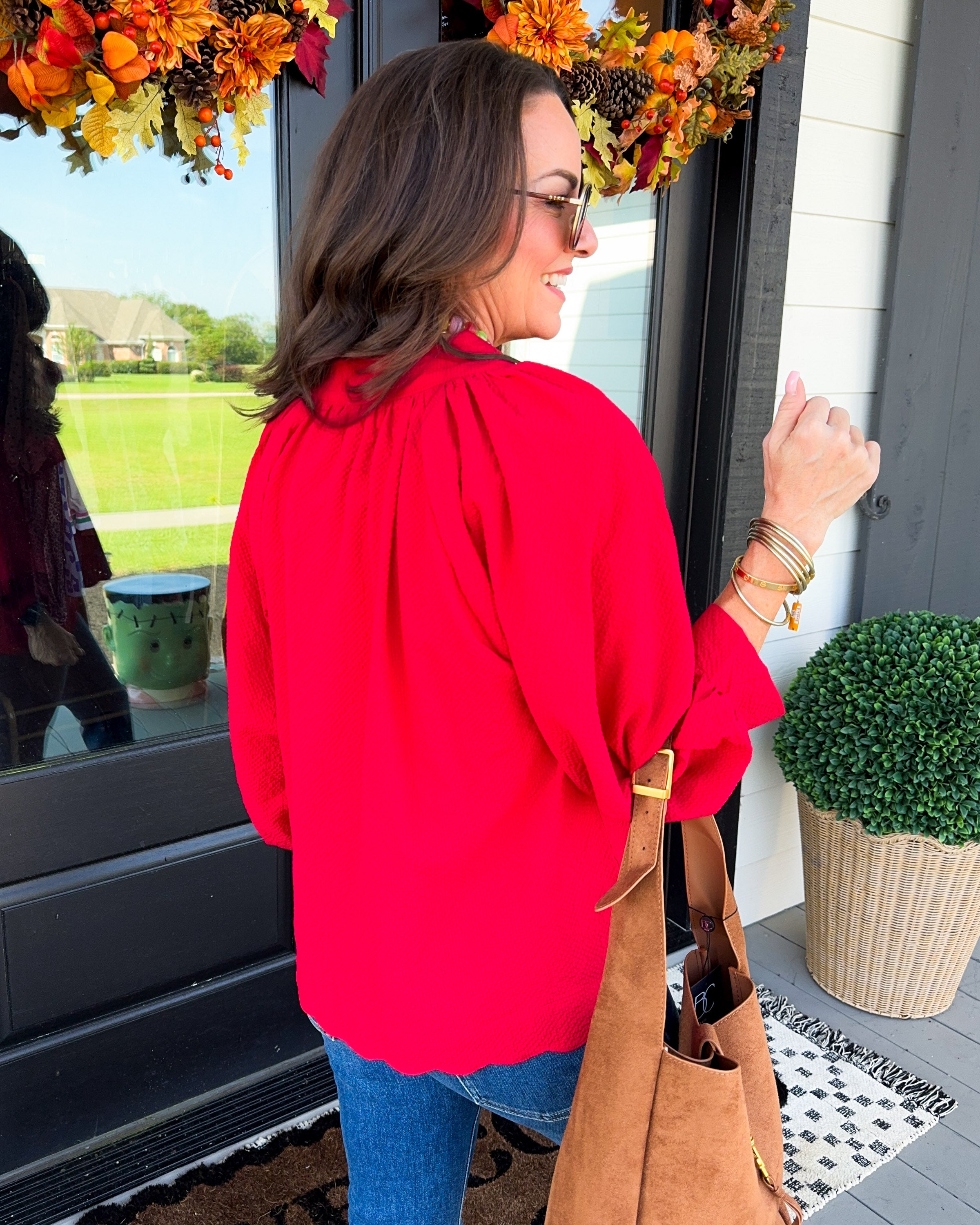Textured Balloon Sleeve Top in Red