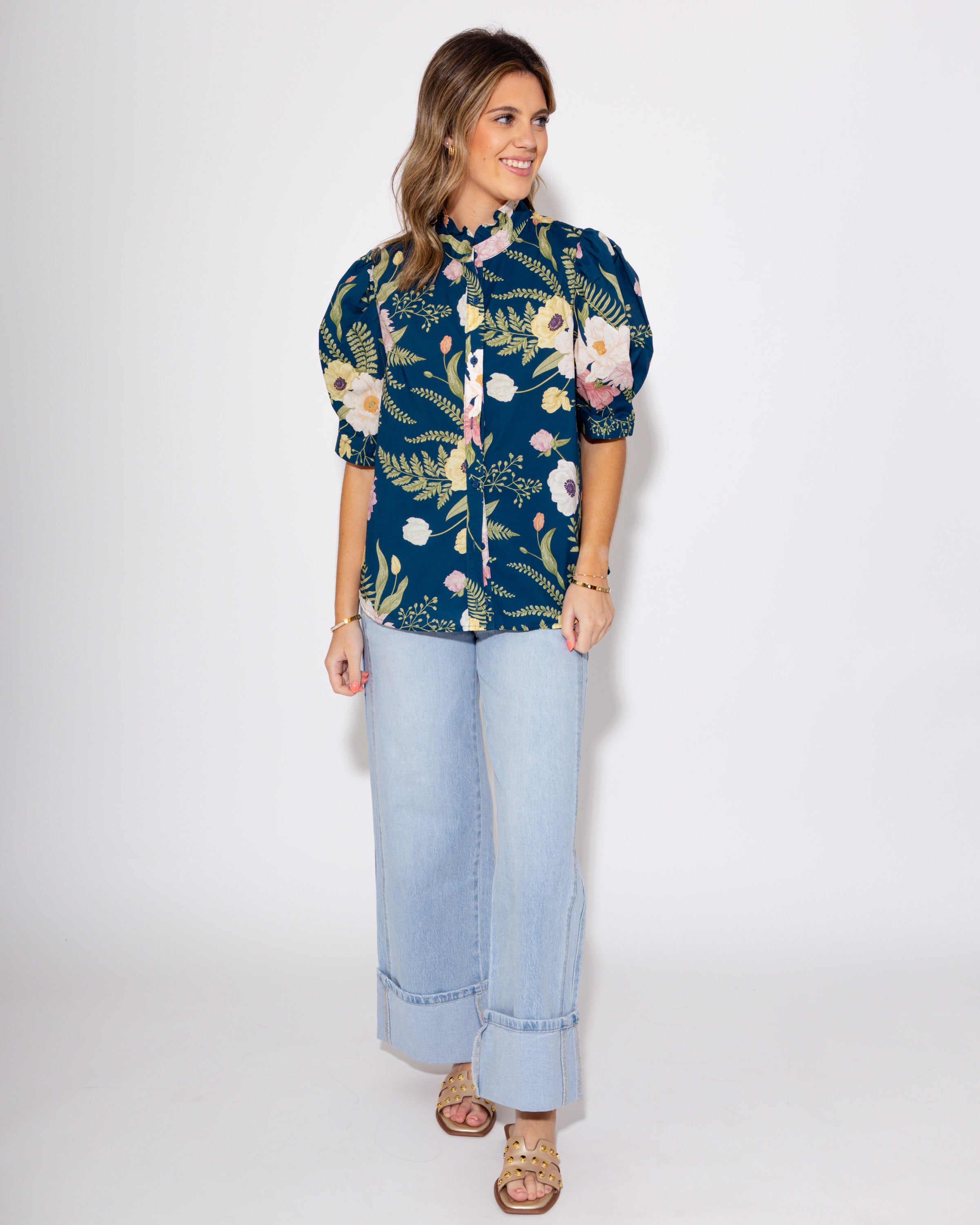 Teal Multi Floral Print Ruffle Button Up Top