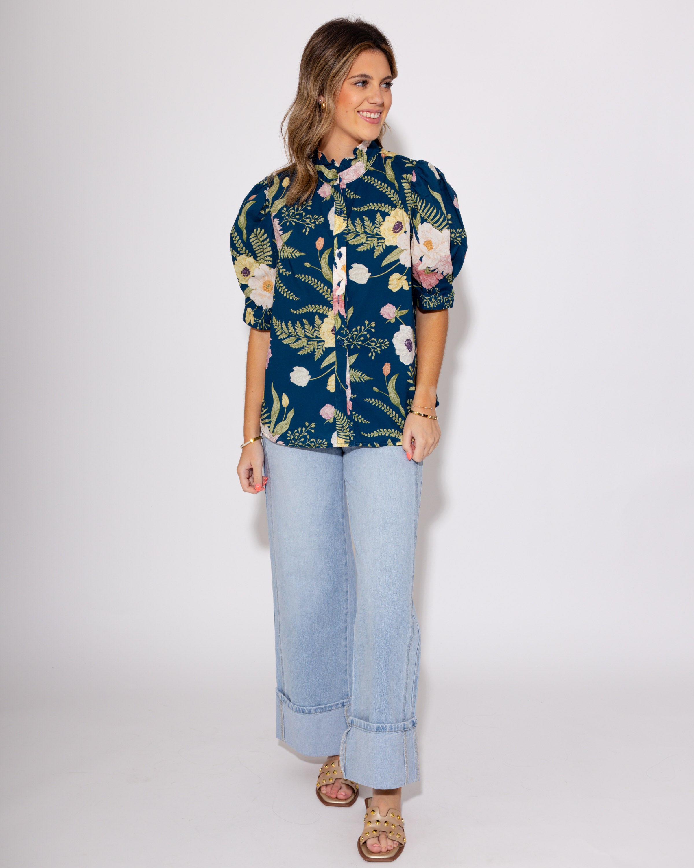 Teal Multi Floral Print Ruffle Button Up Top