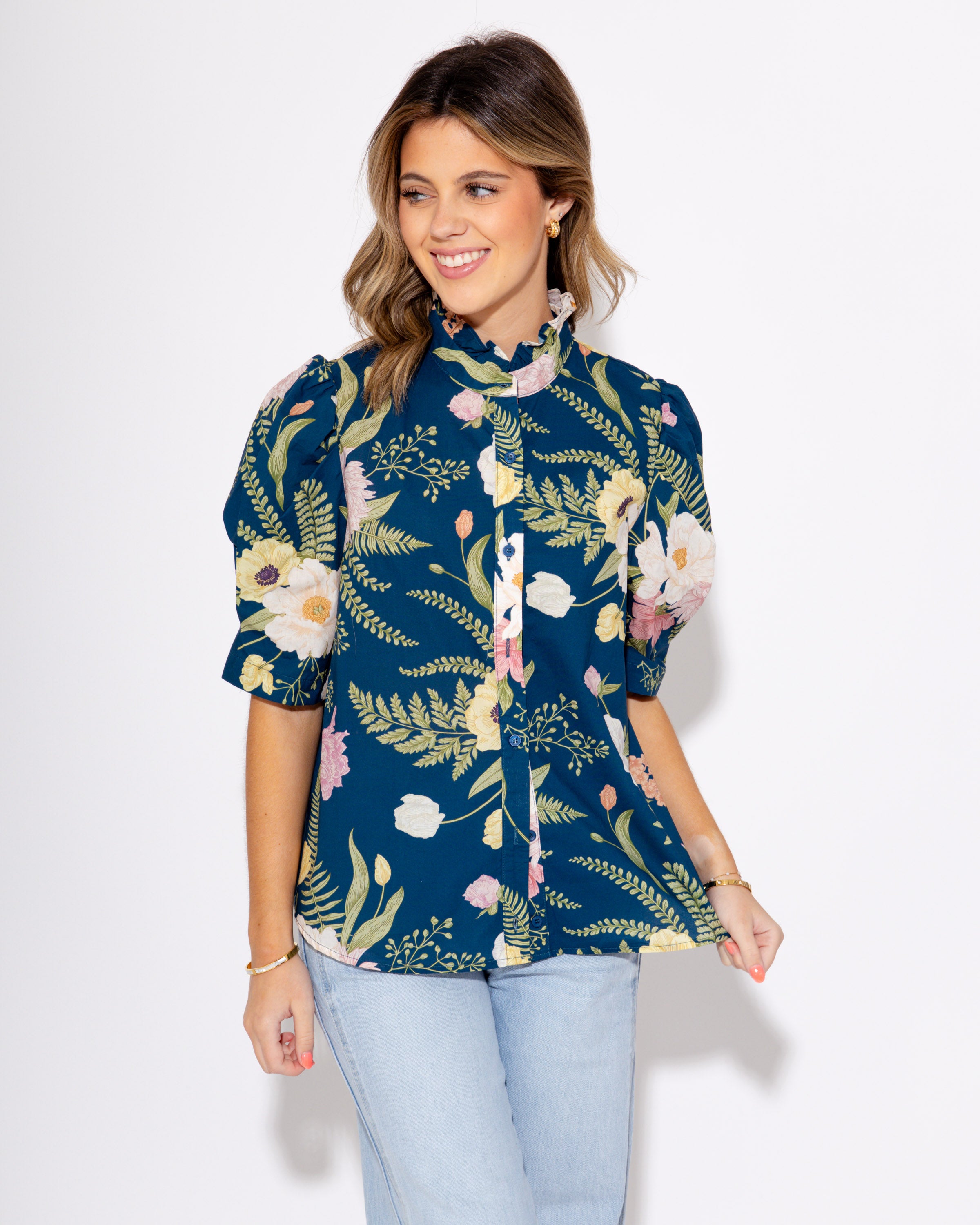 Teal Multi Floral Print Ruffle Button Up Top