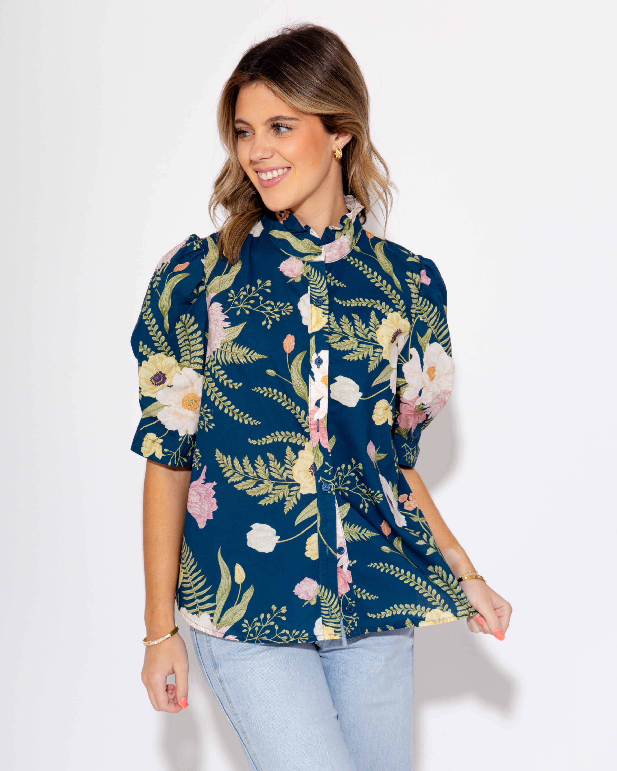 Teal Multi Floral Print Ruffle Button Up Top