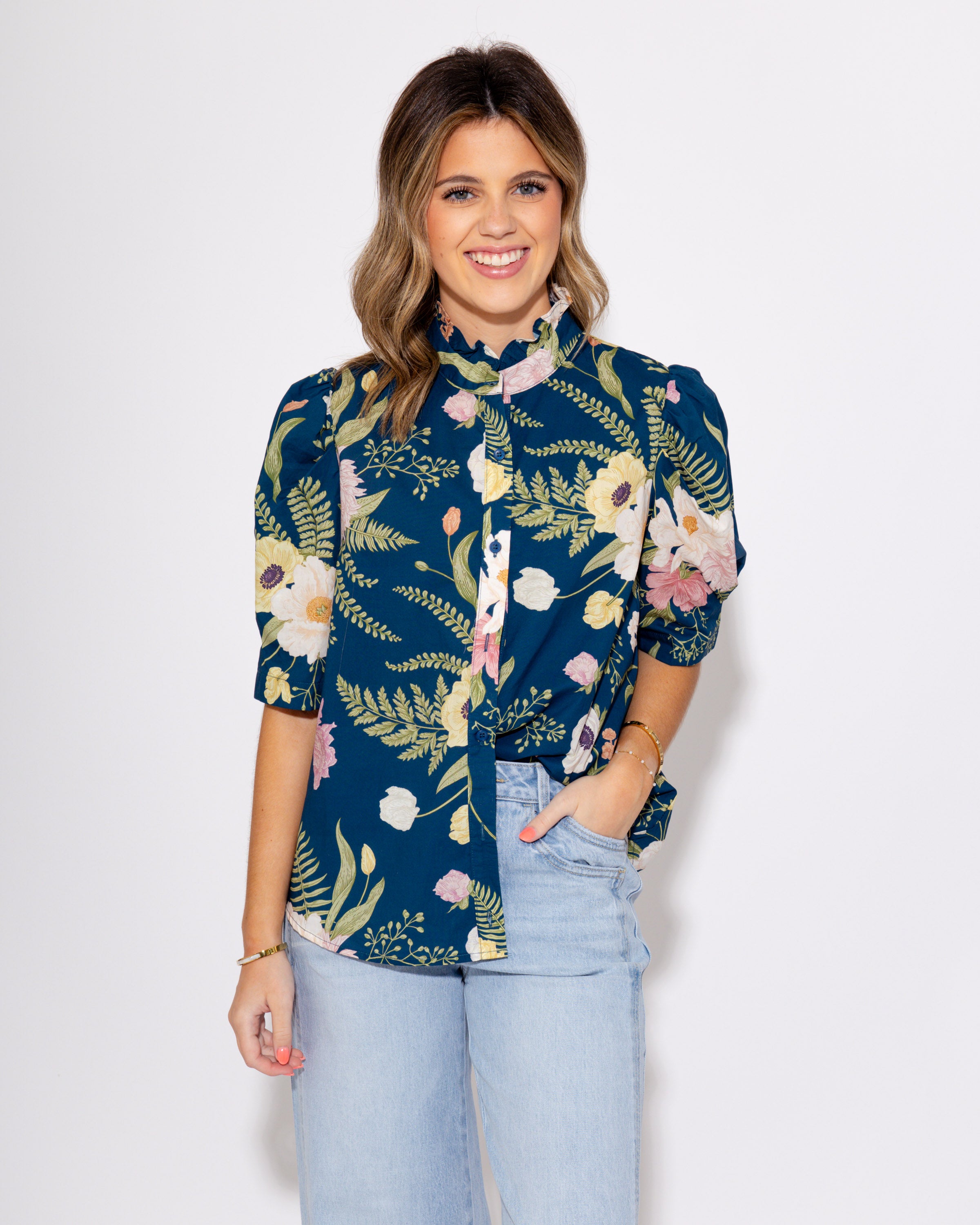 Teal Multi Floral Print Ruffle Button Up Top