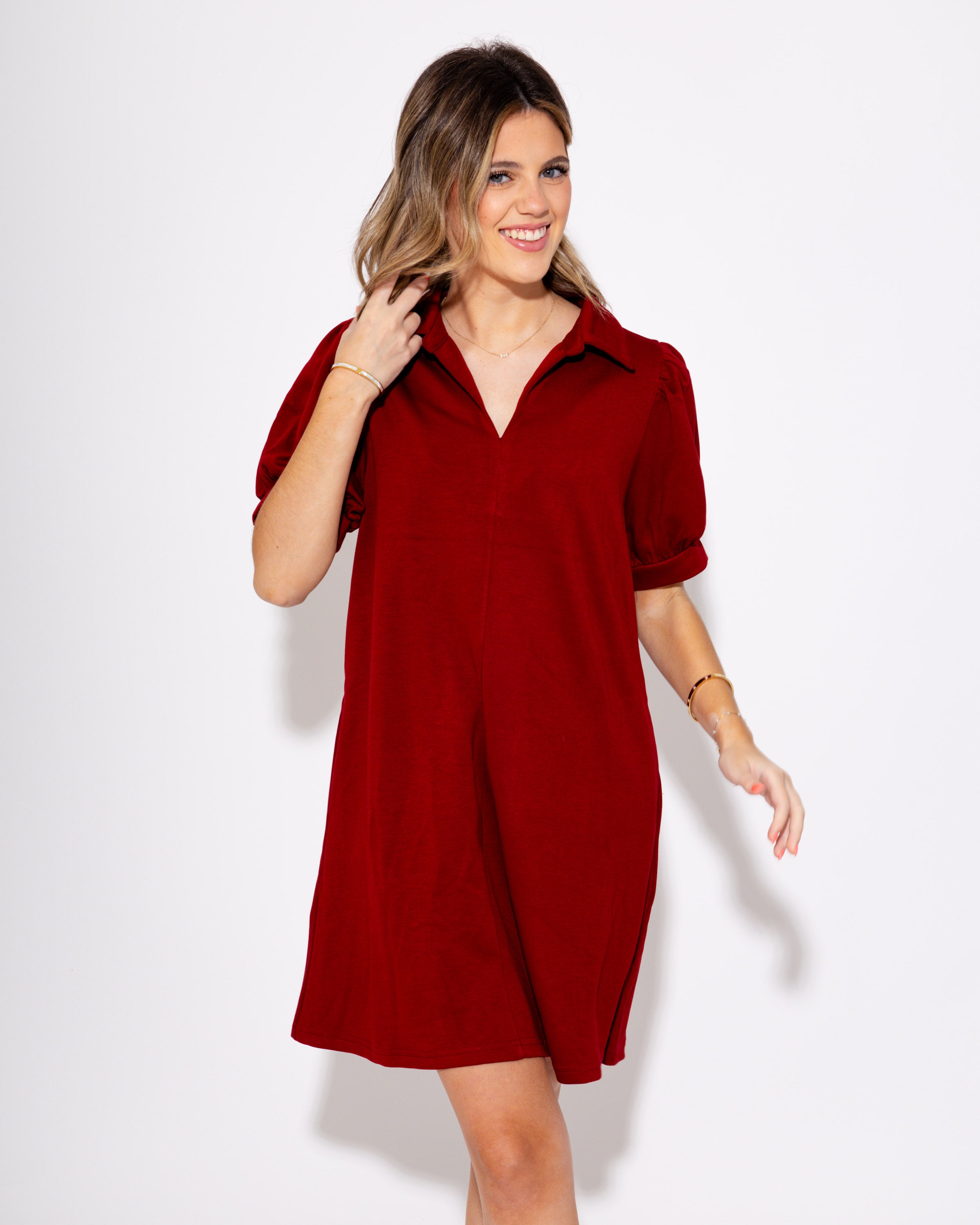 Burgundy Lane Split Neck Short Sleeve Mini Dress