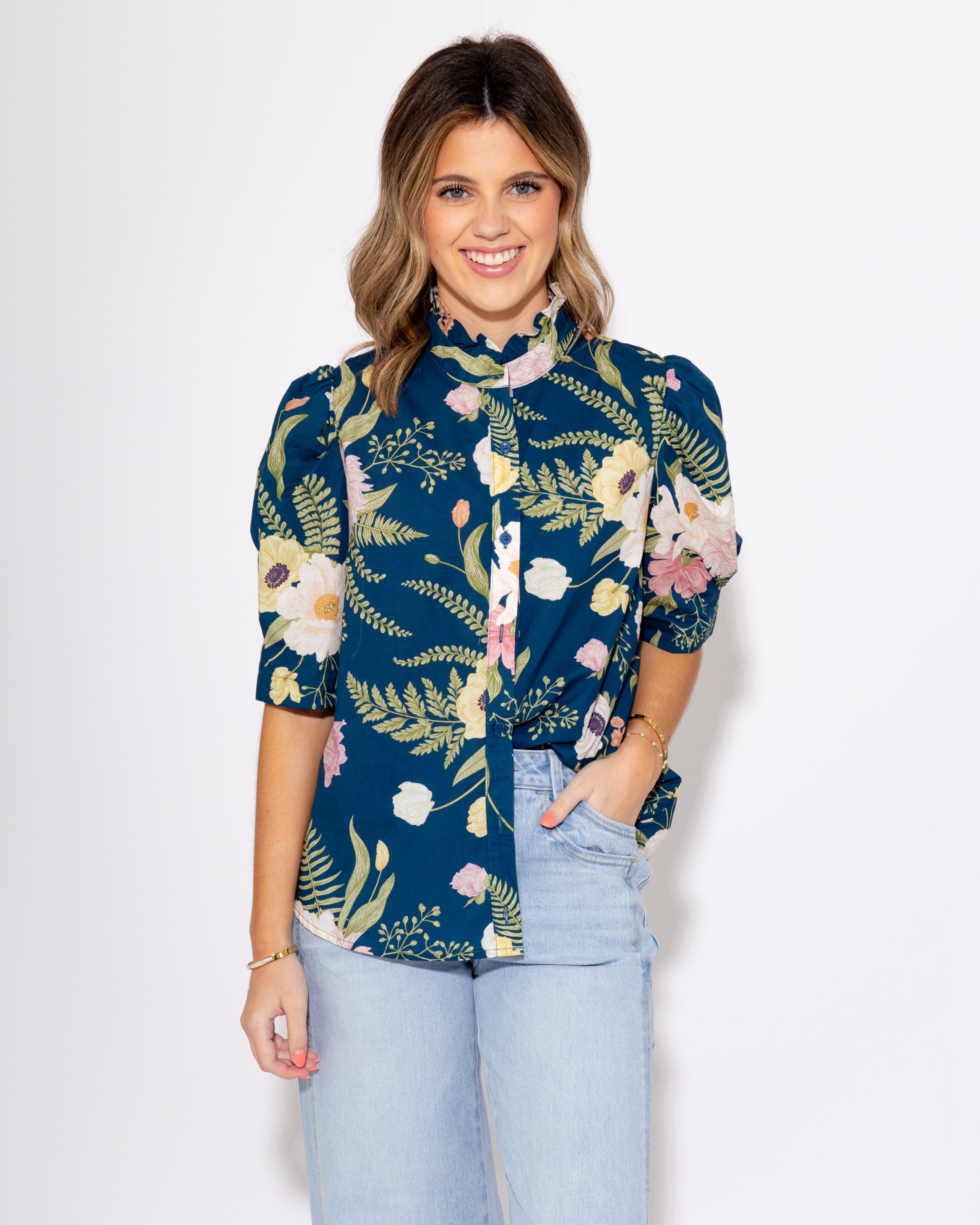 Teal Multi Floral Print Ruffle Button Up Top