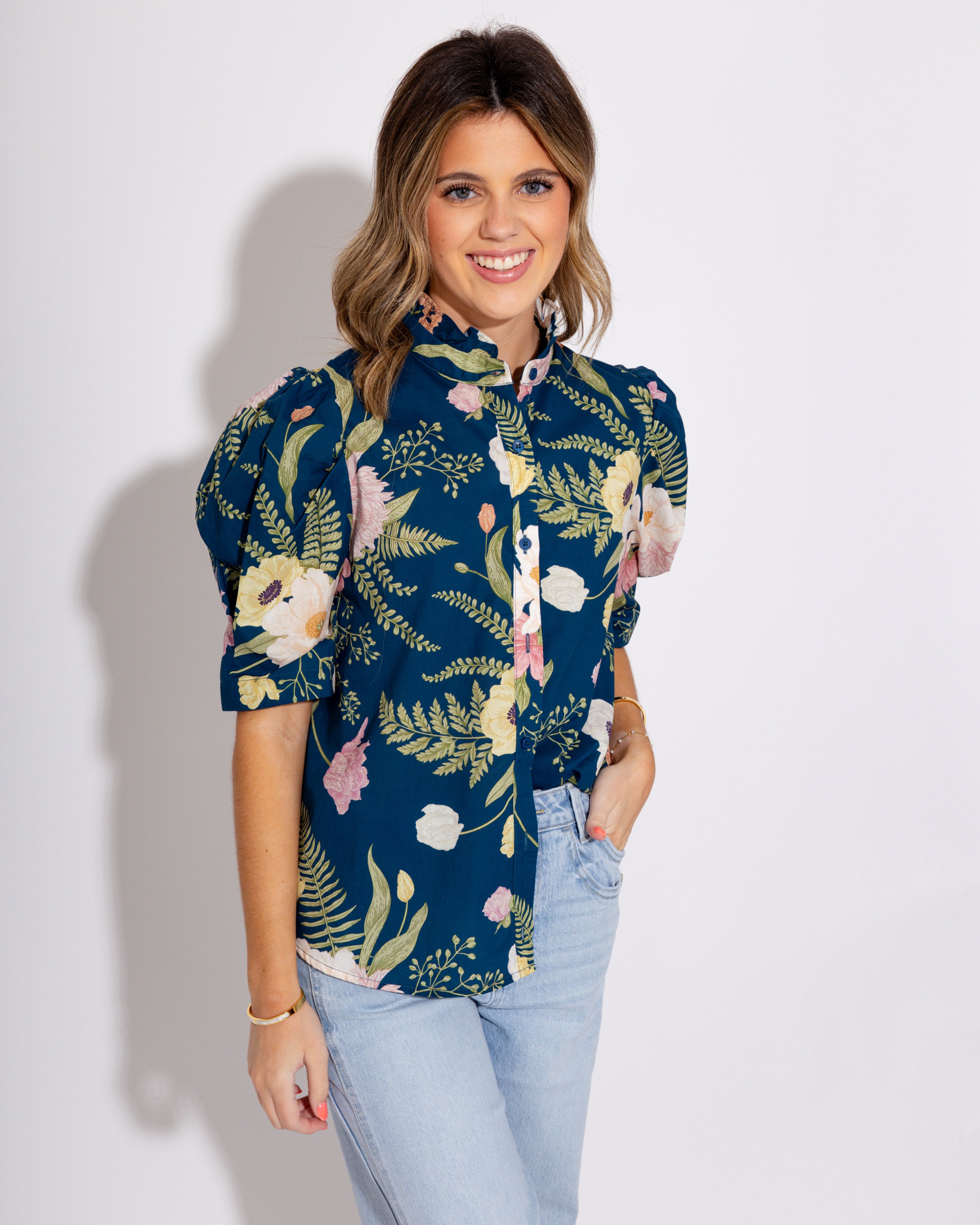 Teal Multi Floral Print Ruffle Button Up Top