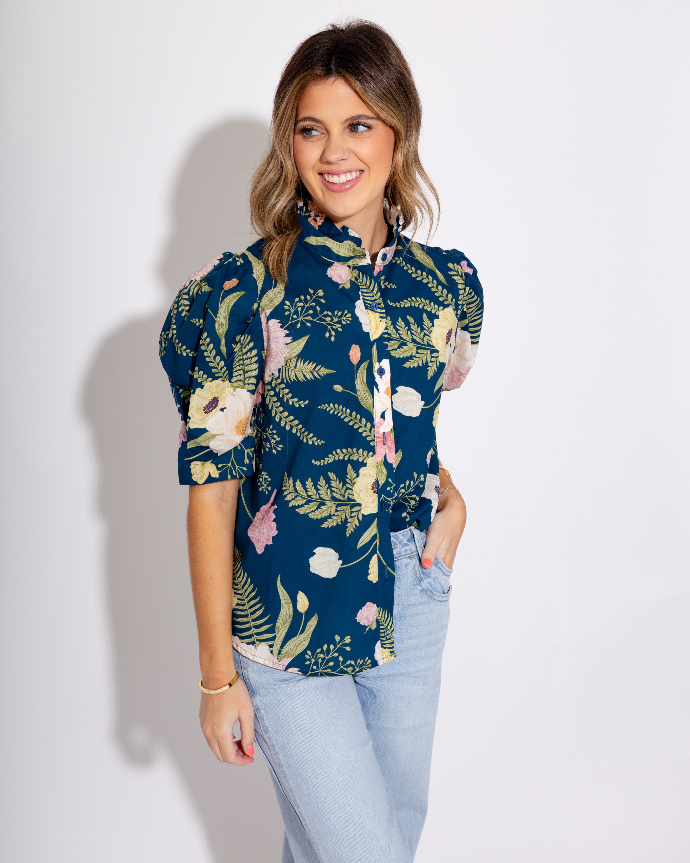 Teal Multi Floral Print Ruffle Button Up Top