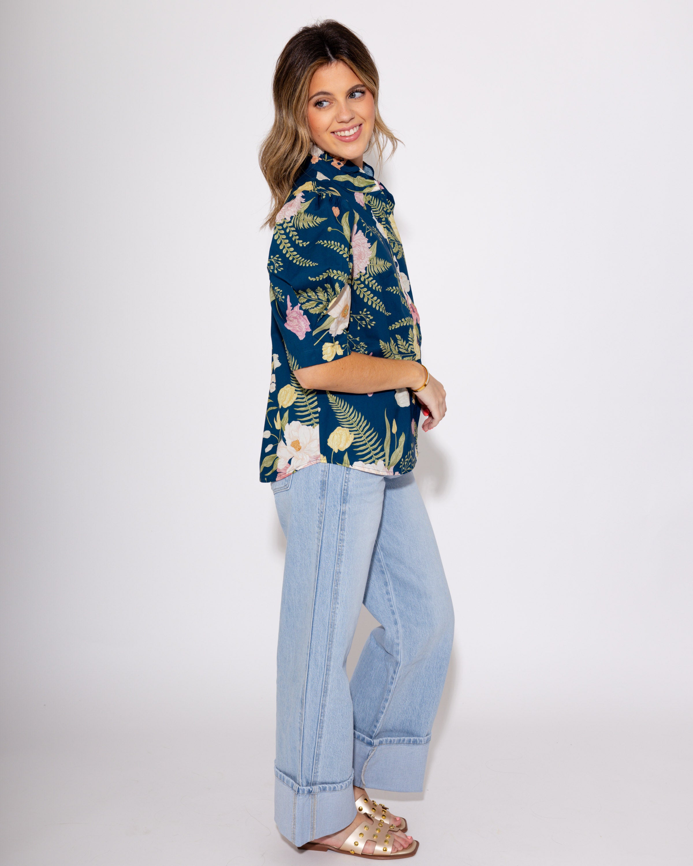 Teal Multi Floral Print Ruffle Button Up Top