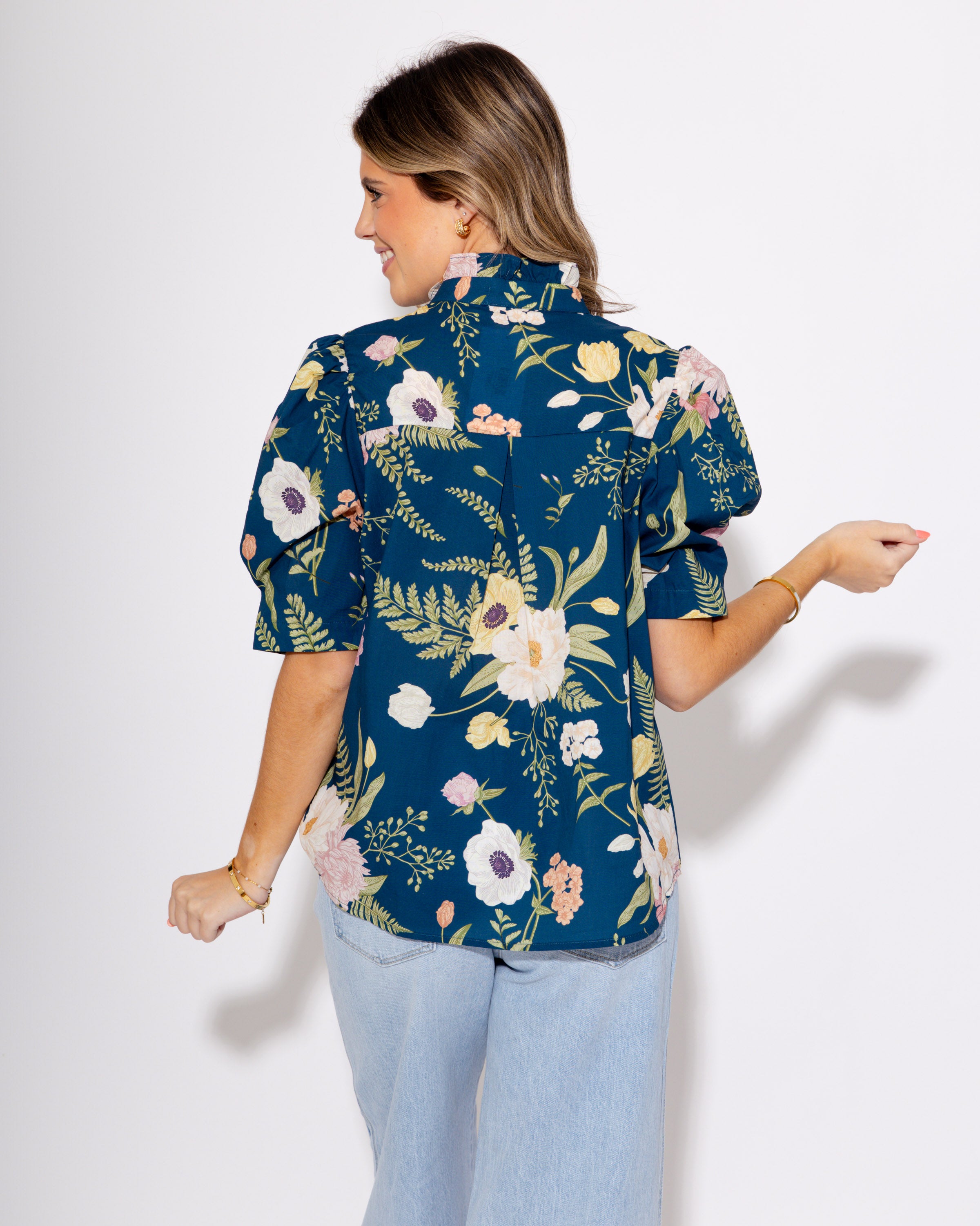 Teal Multi Floral Print Ruffle Button Up Top