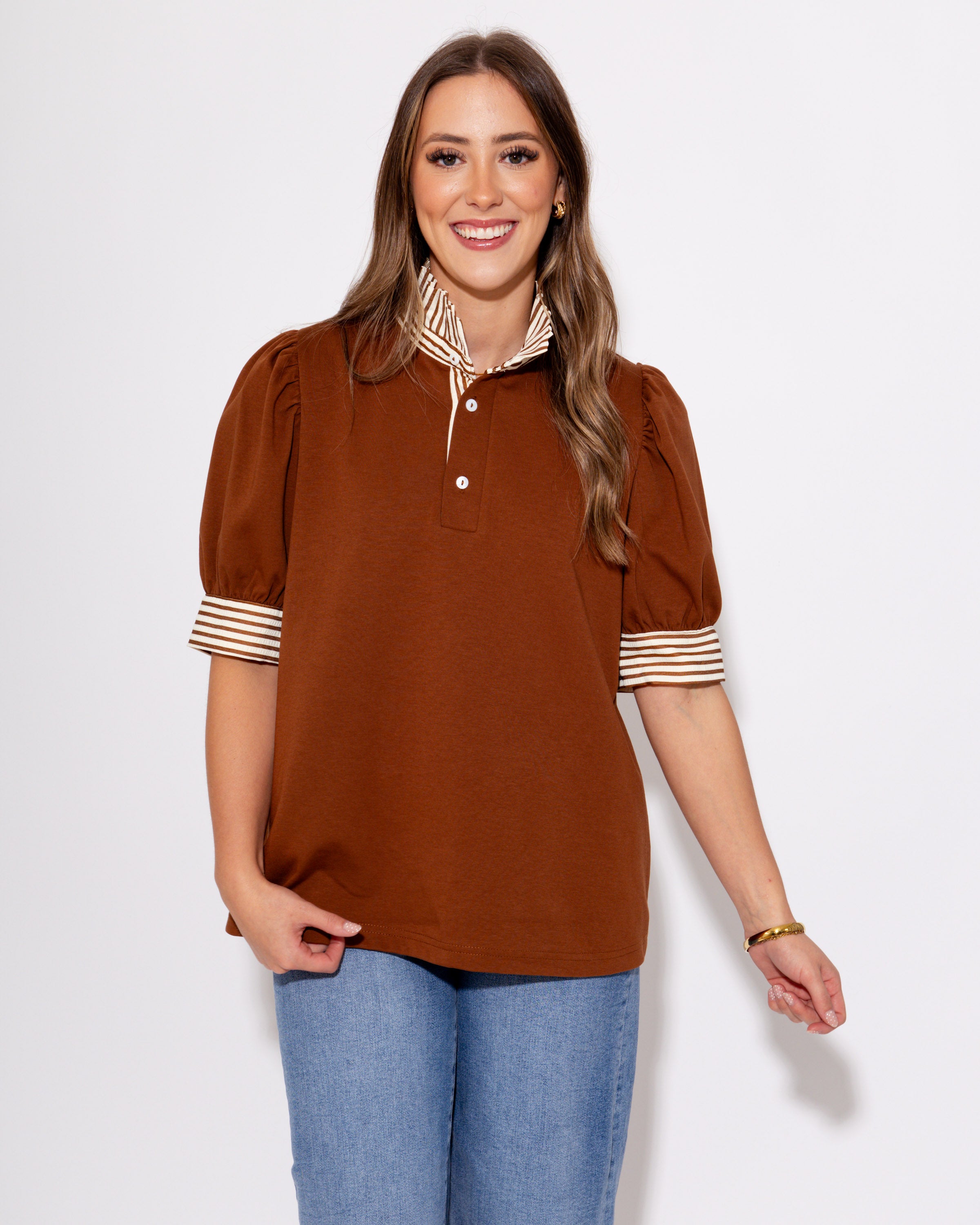 The Ruffle Stripe Knit Top in Brown