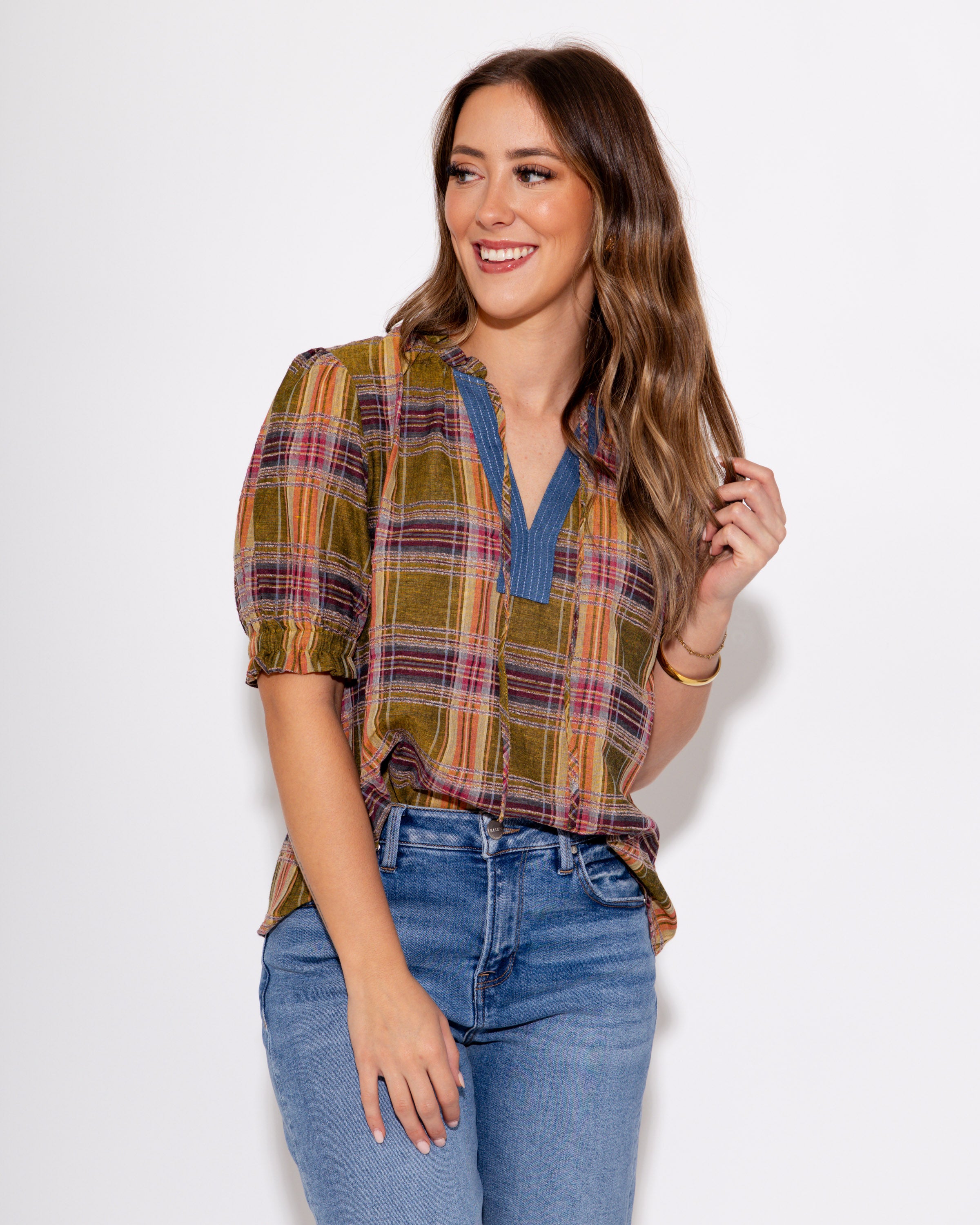 Color Pop Plaid Puff Sleeve Top