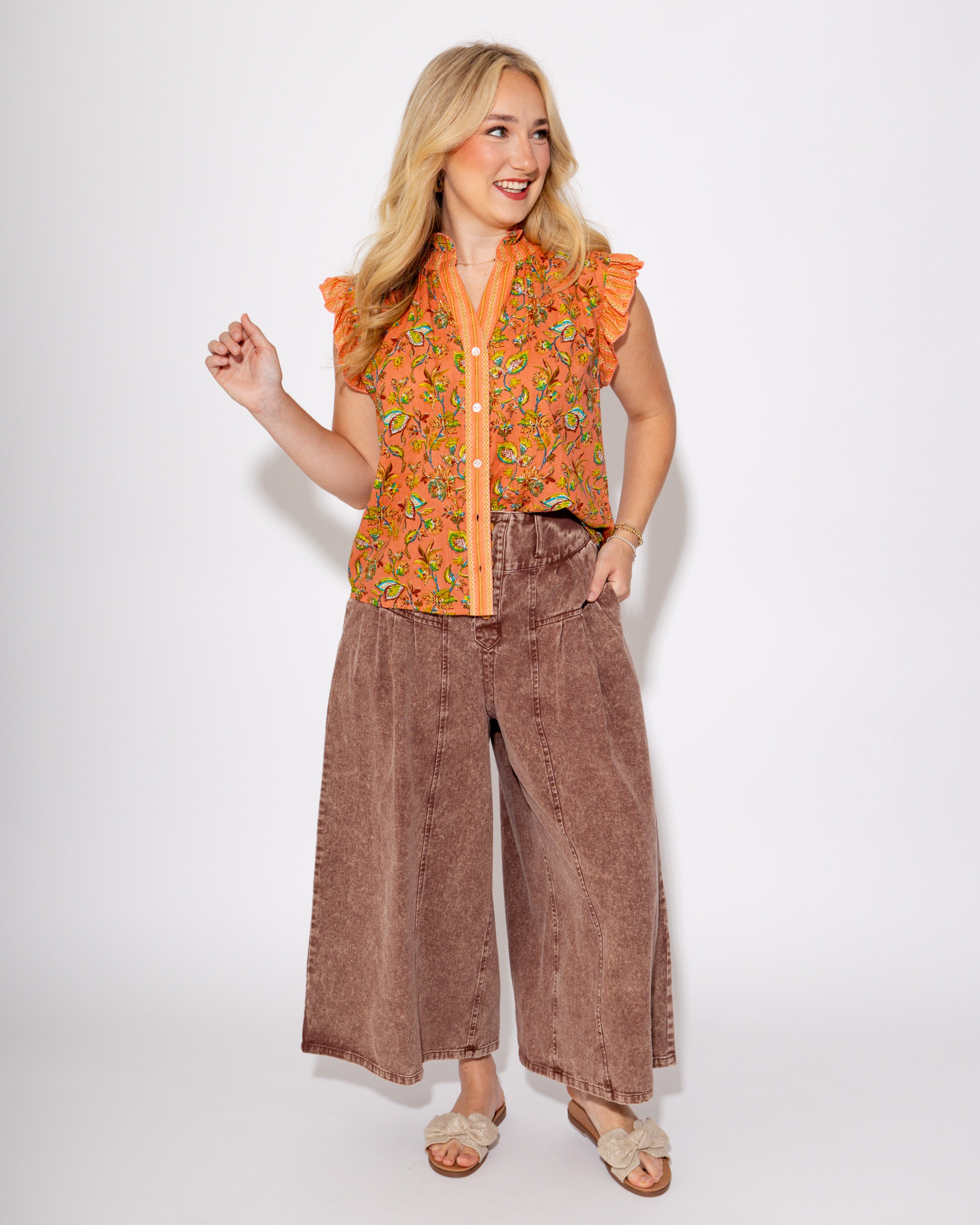 Coral Floral Crush Ruffle Top