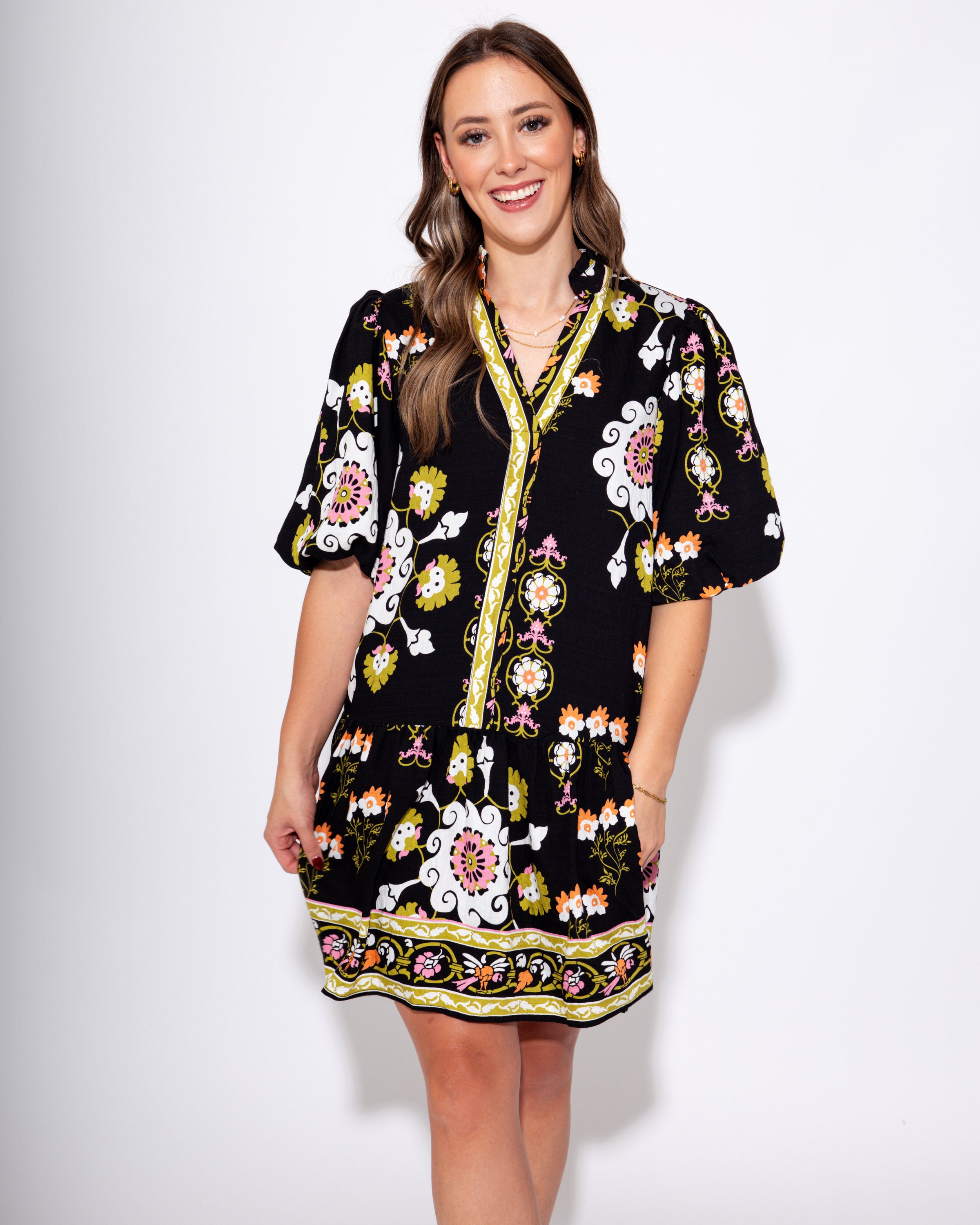 Midnight Blossom Puff Sleeve Dress