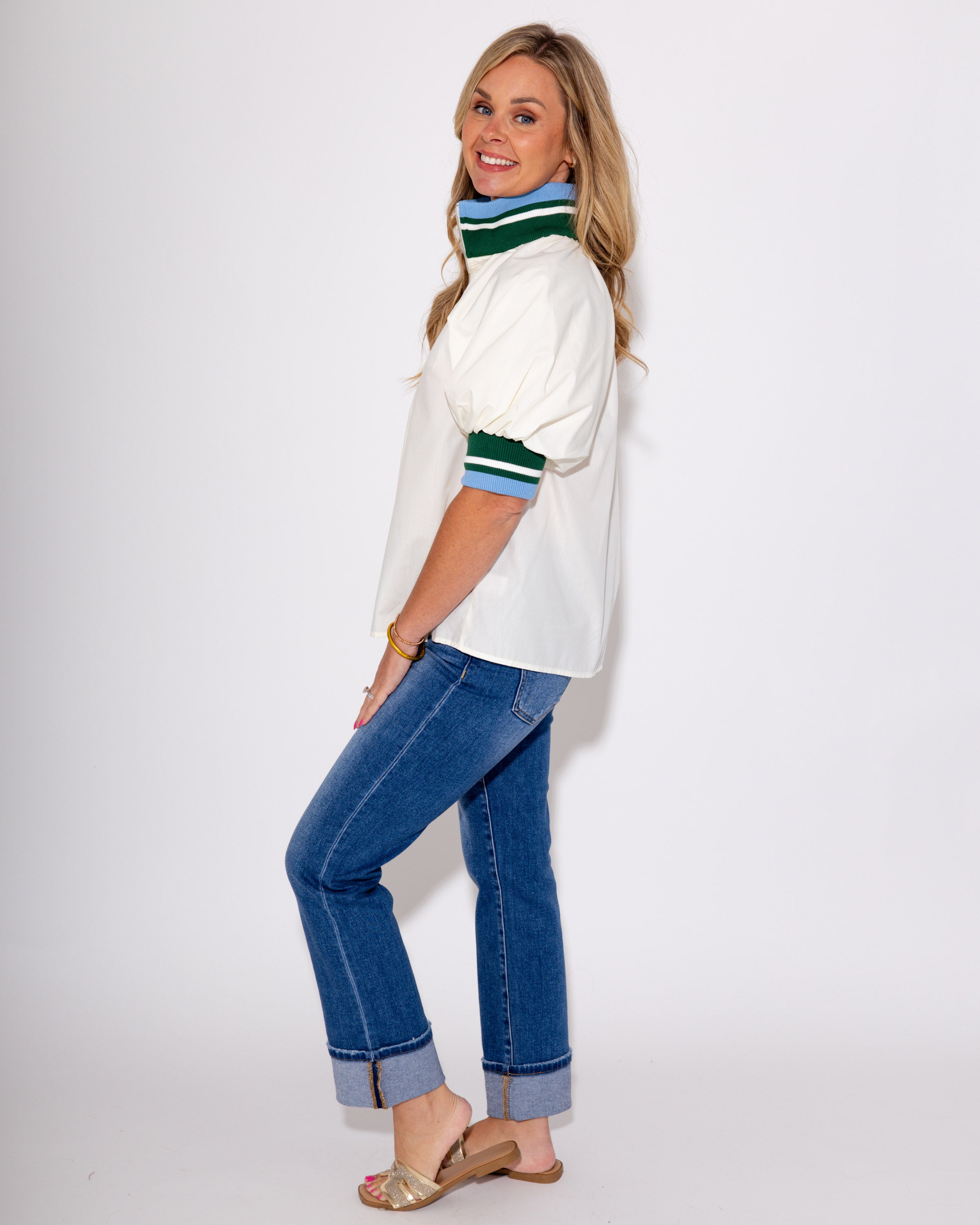 Cream, Zip & Color Block Top