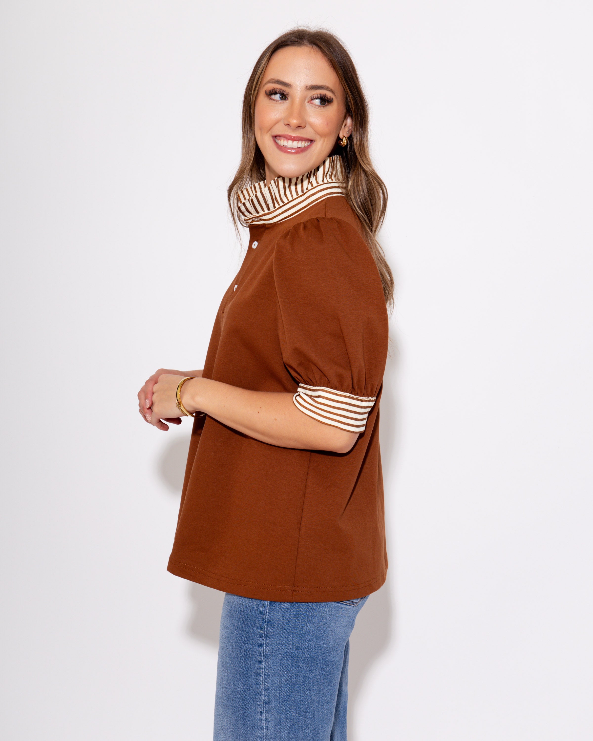 The Ruffle Stripe Knit Top in Brown