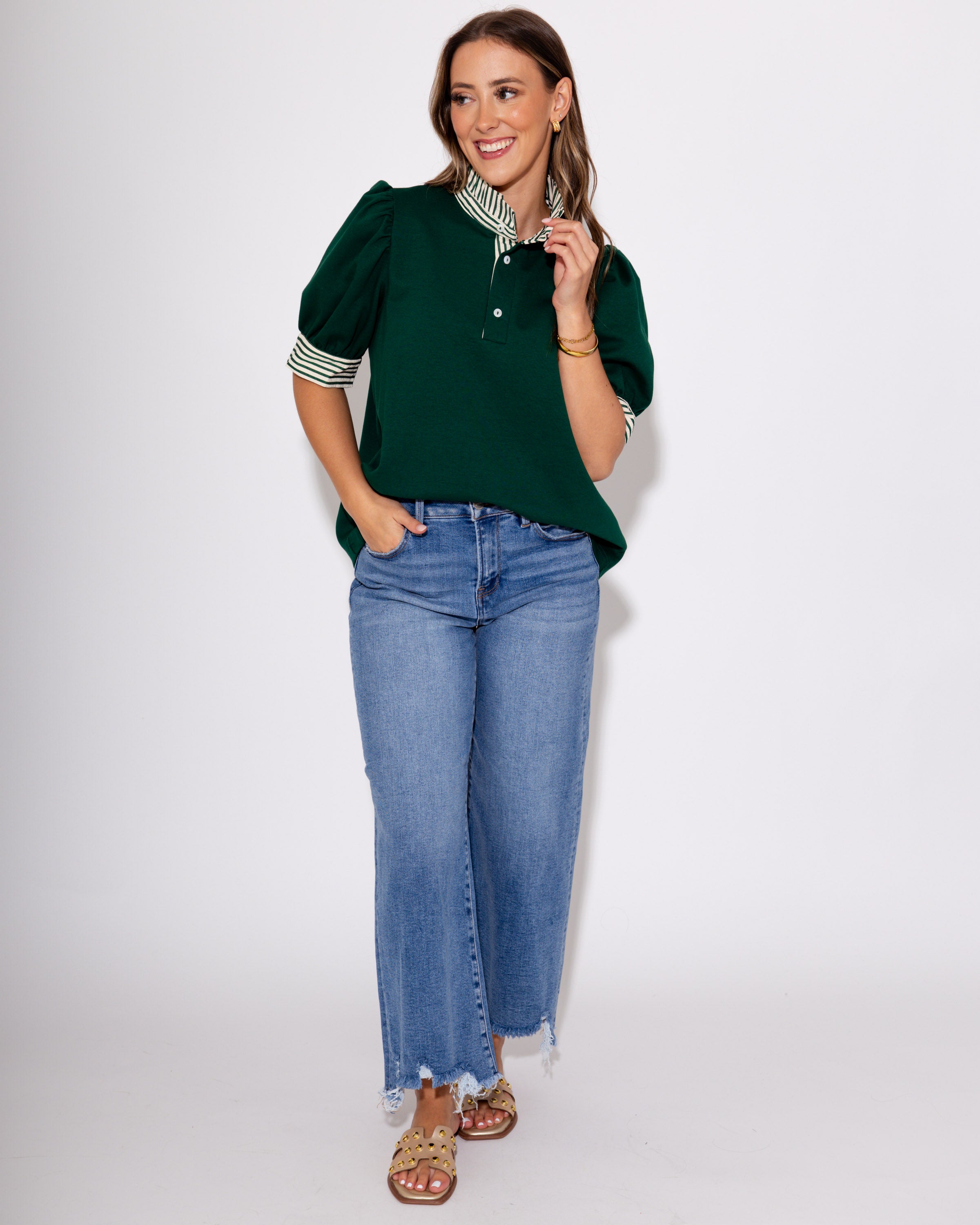 The Ruffle Stripe Knit Top in Green