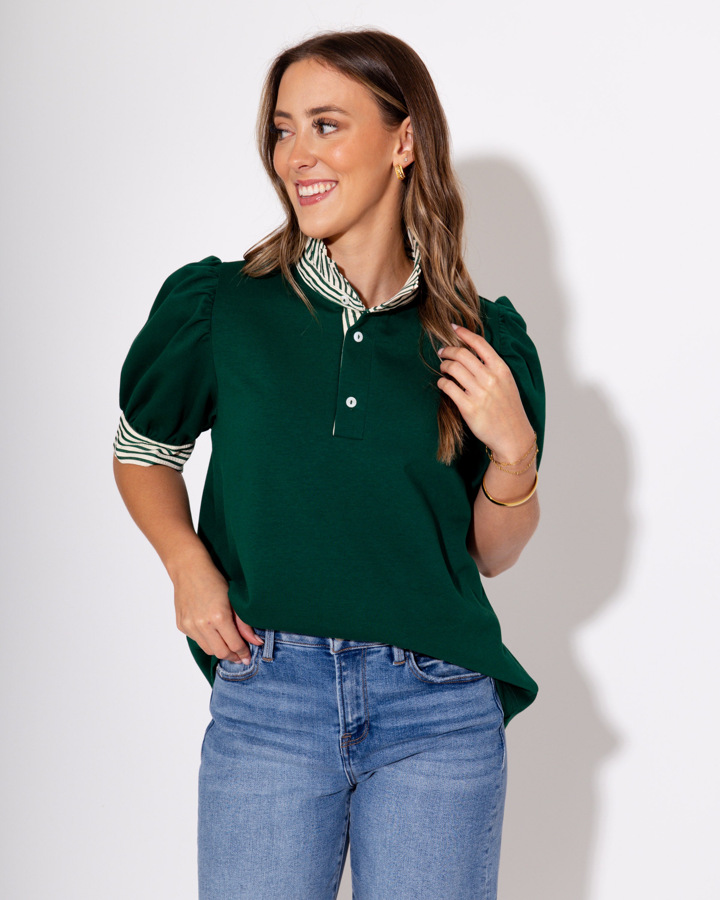 The Ruffle Stripe Knit Top in Green