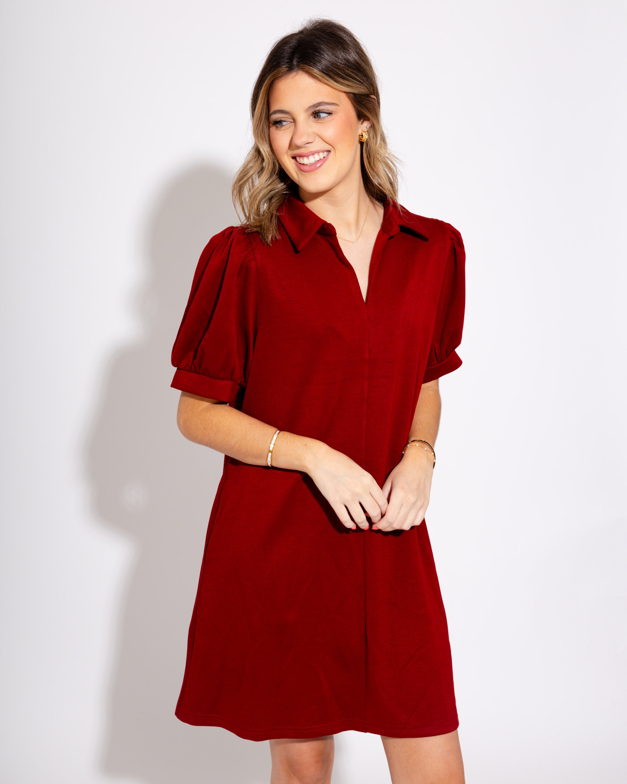 Burgundy Lane Split Neck Short Sleeve Mini Dress