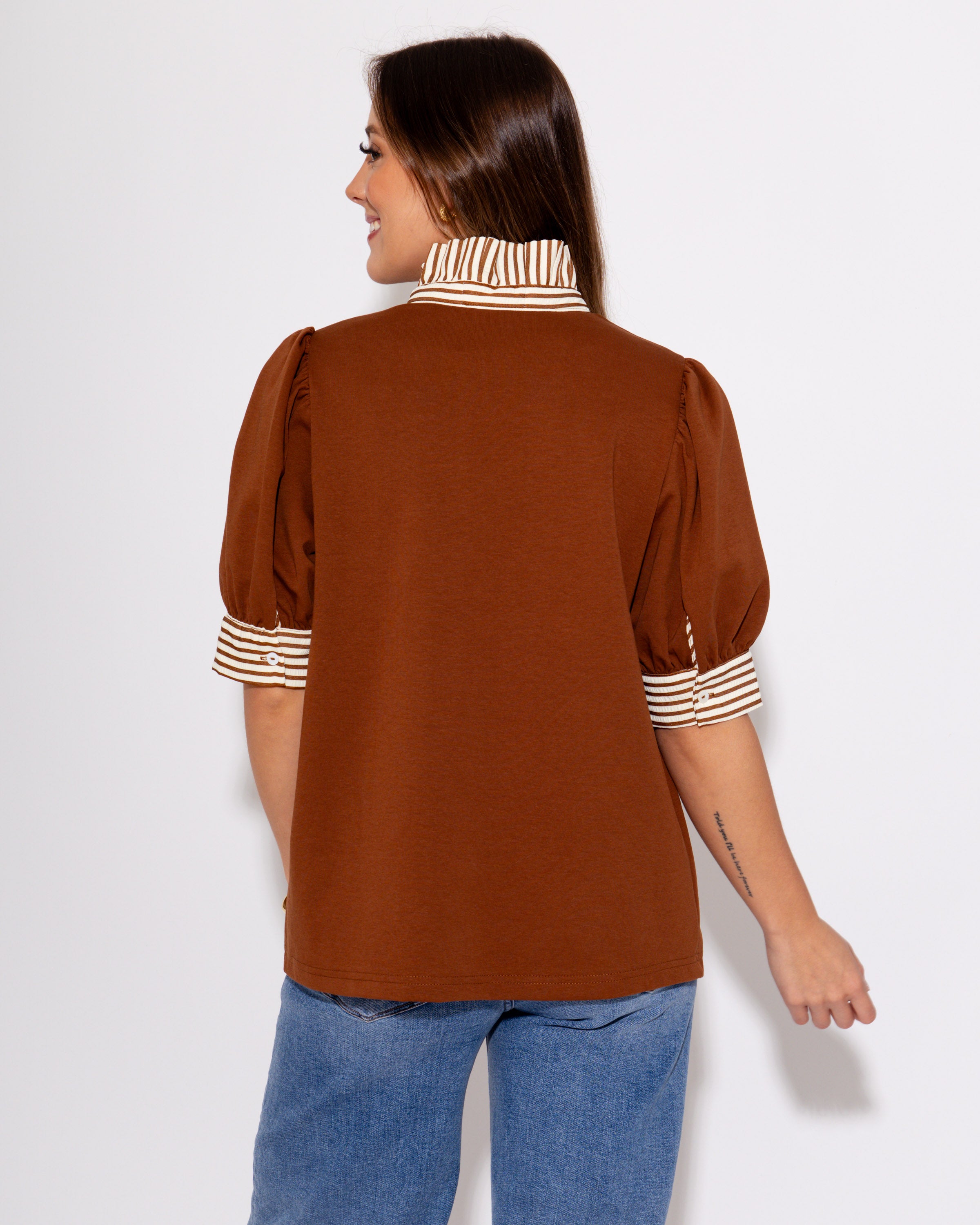 The Ruffle Stripe Knit Top in Brown