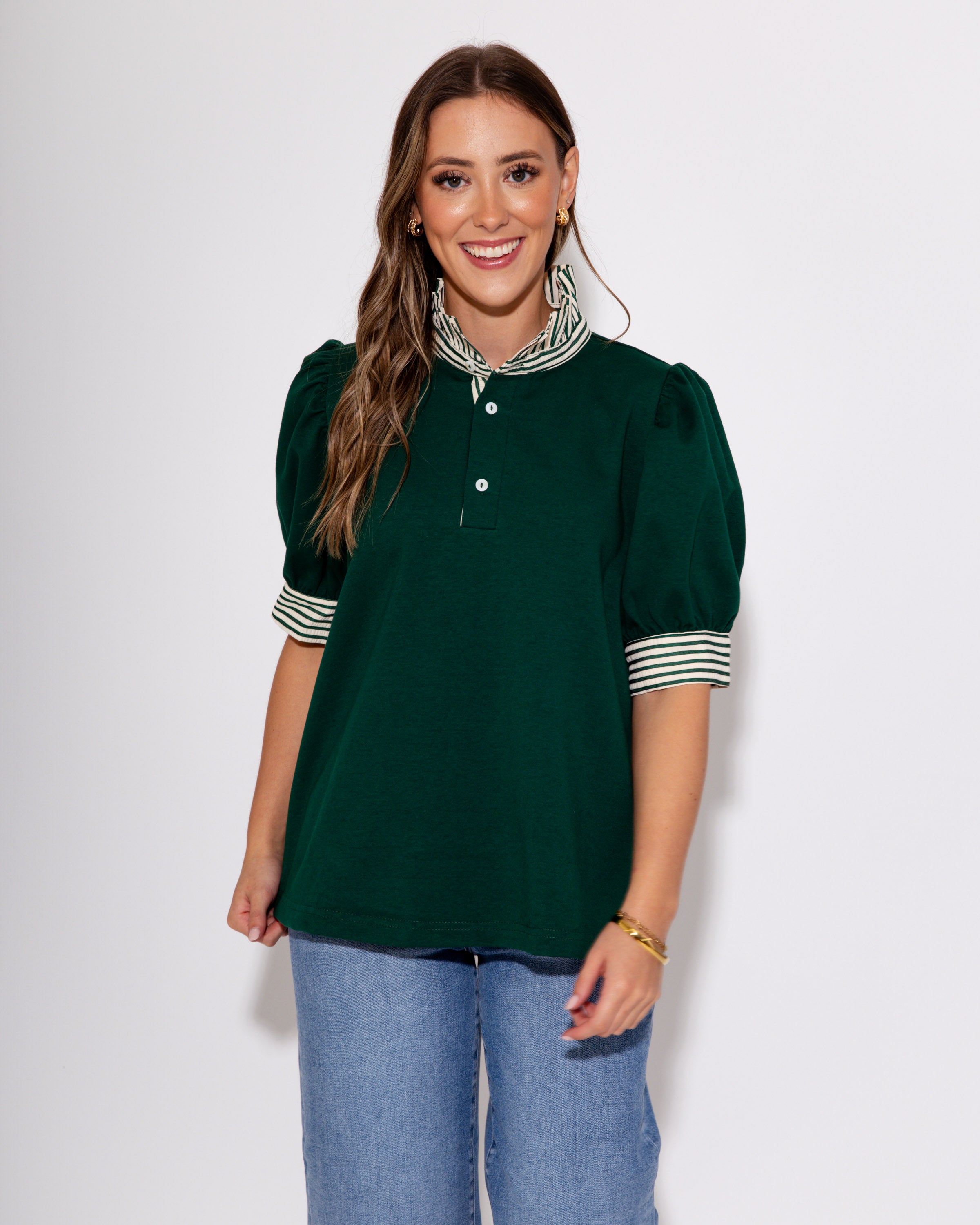 The Ruffle Stripe Knit Top in Green