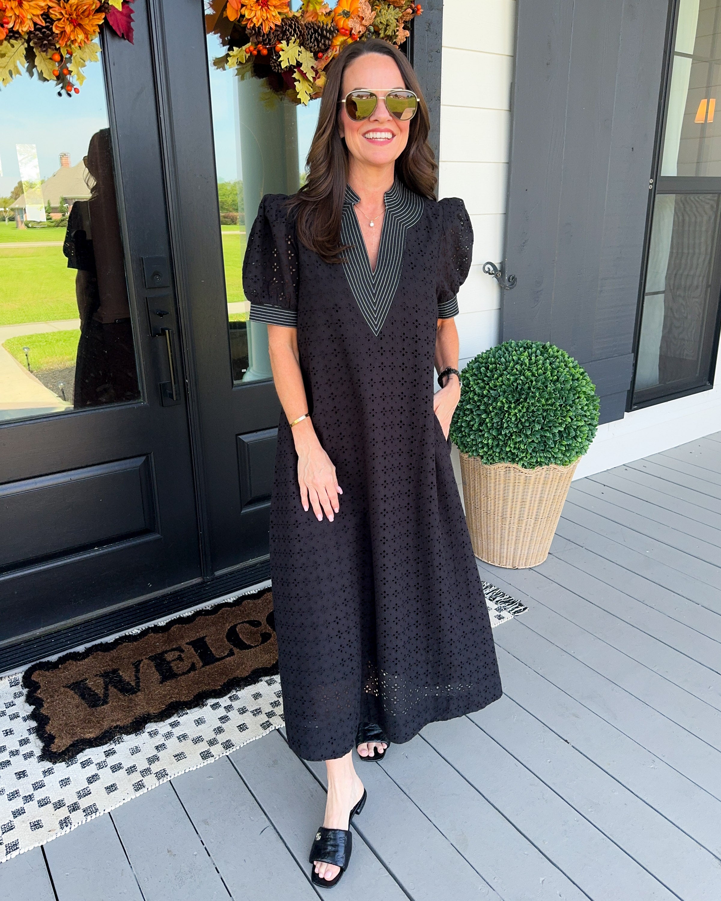 Eyelet Puff Sleeve Midi Dress