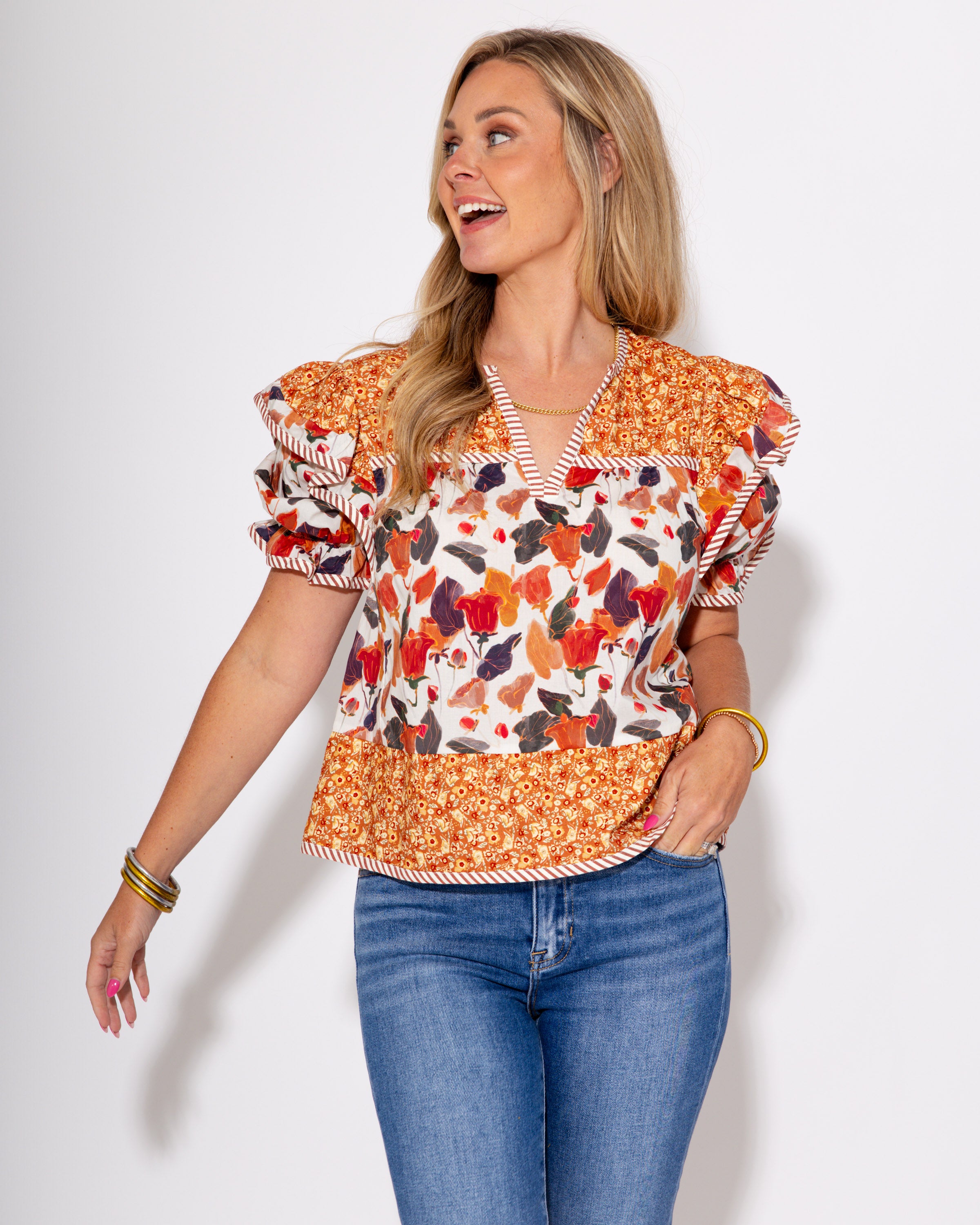 Shoulder Pop Multi-Print Top in Pumpkin