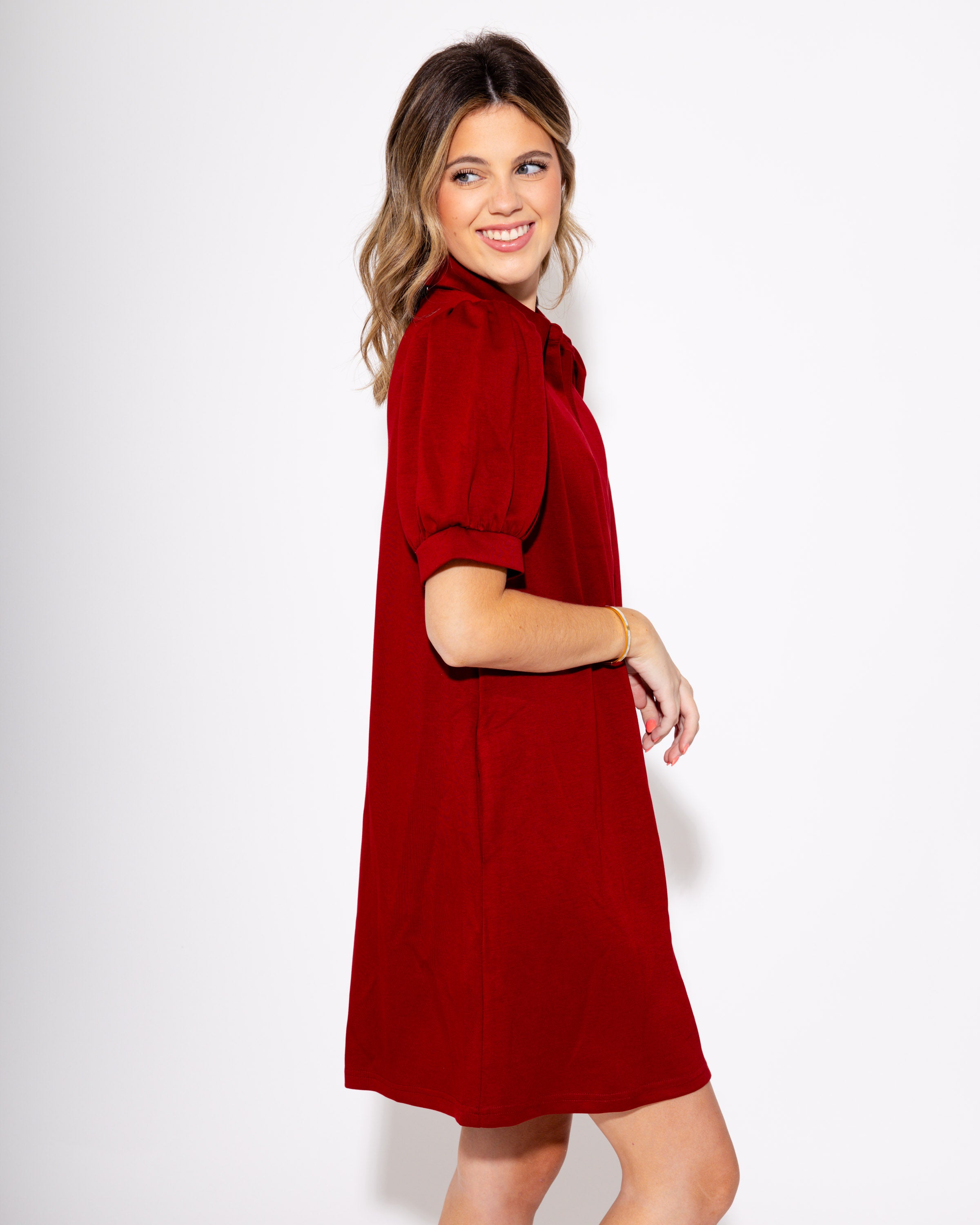Burgundy Lane Split Neck Short Sleeve Mini Dress