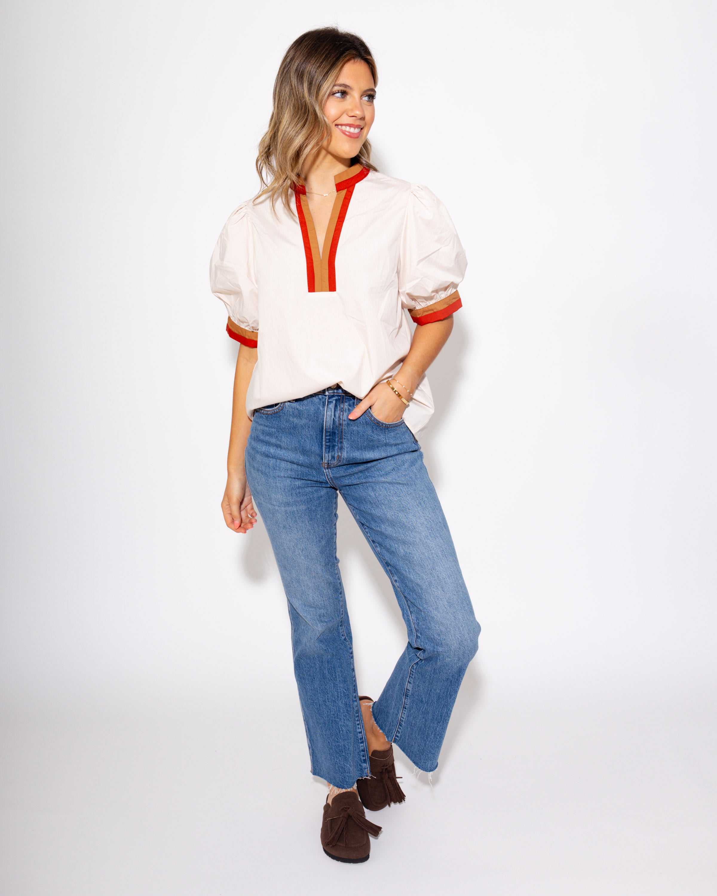 Orange and Tan Collared Ecru Top