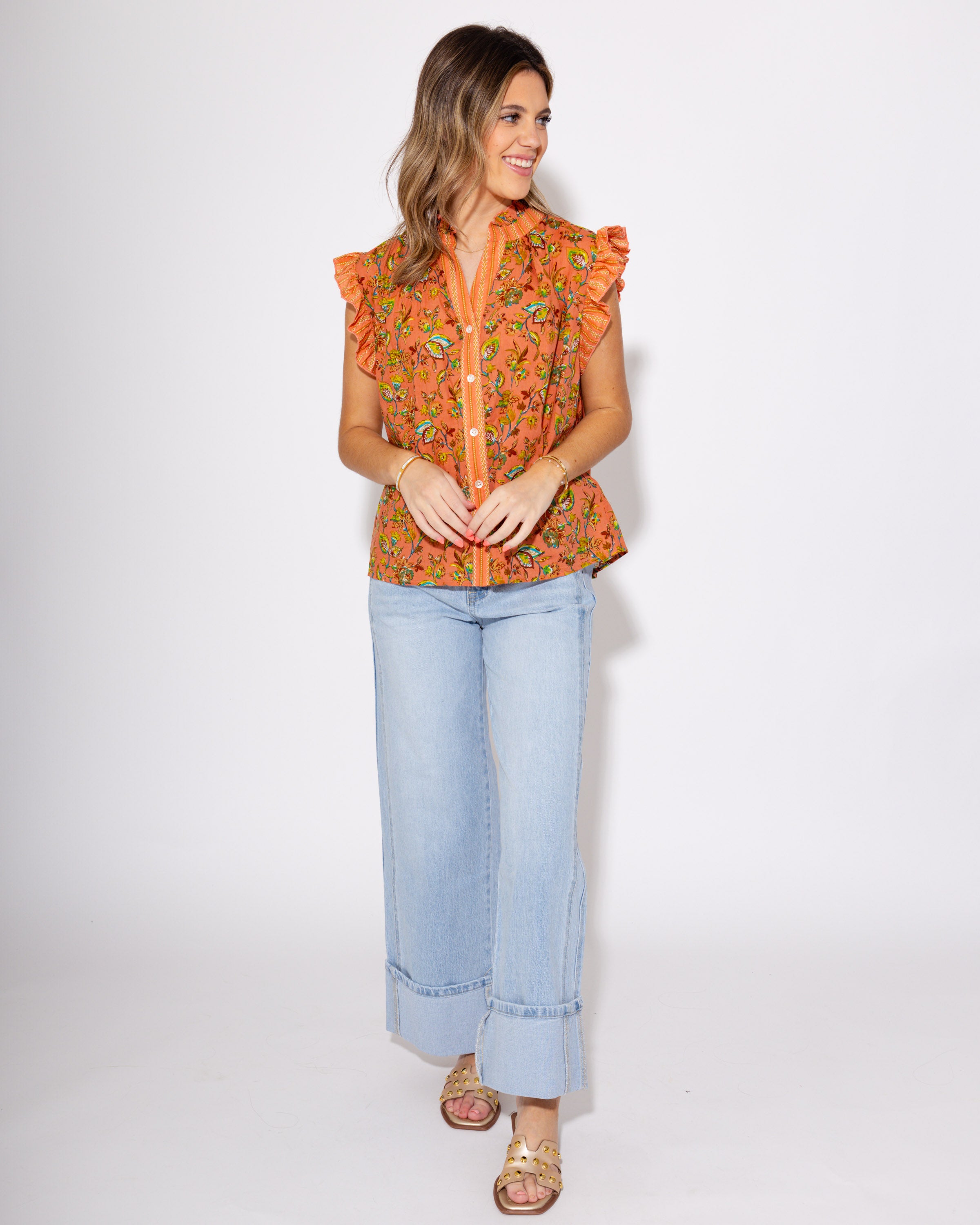 Coral Floral Crush Ruffle Top