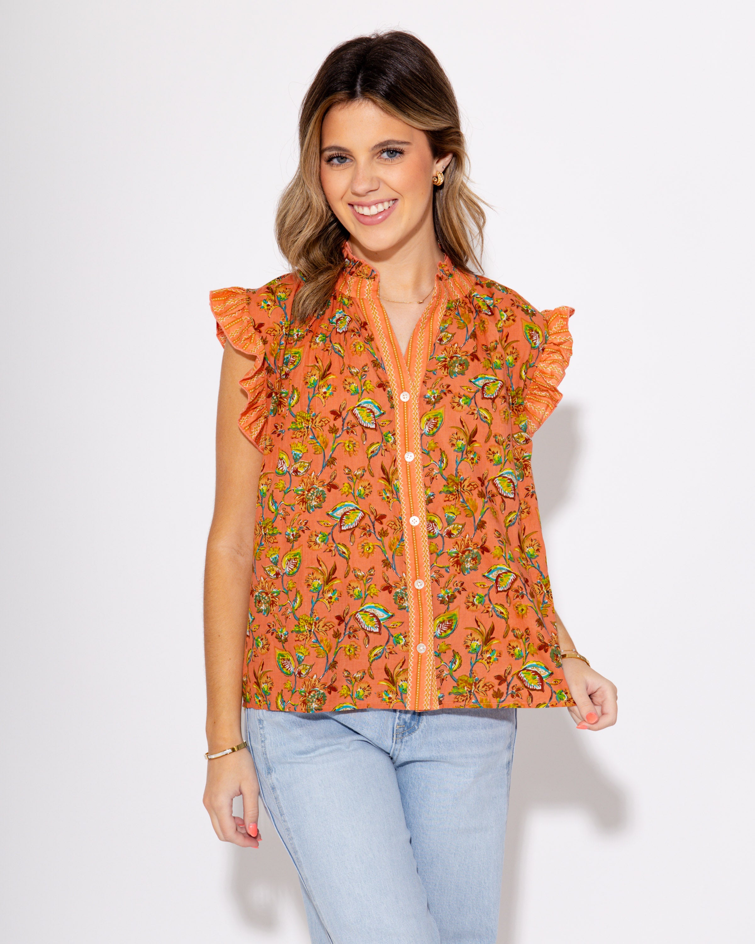 Coral Floral Crush Ruffle Top