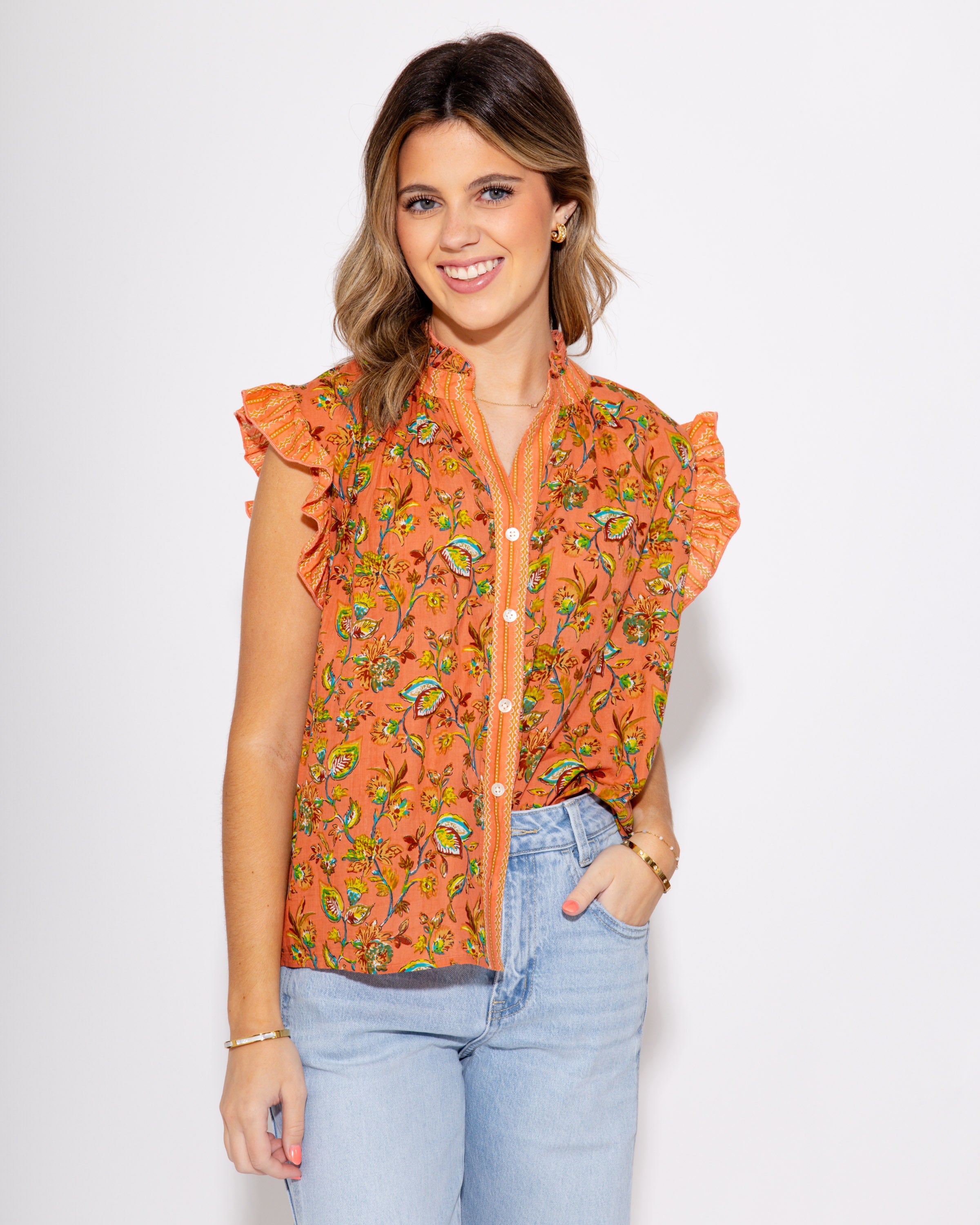 Coral Floral Crush Ruffle Top