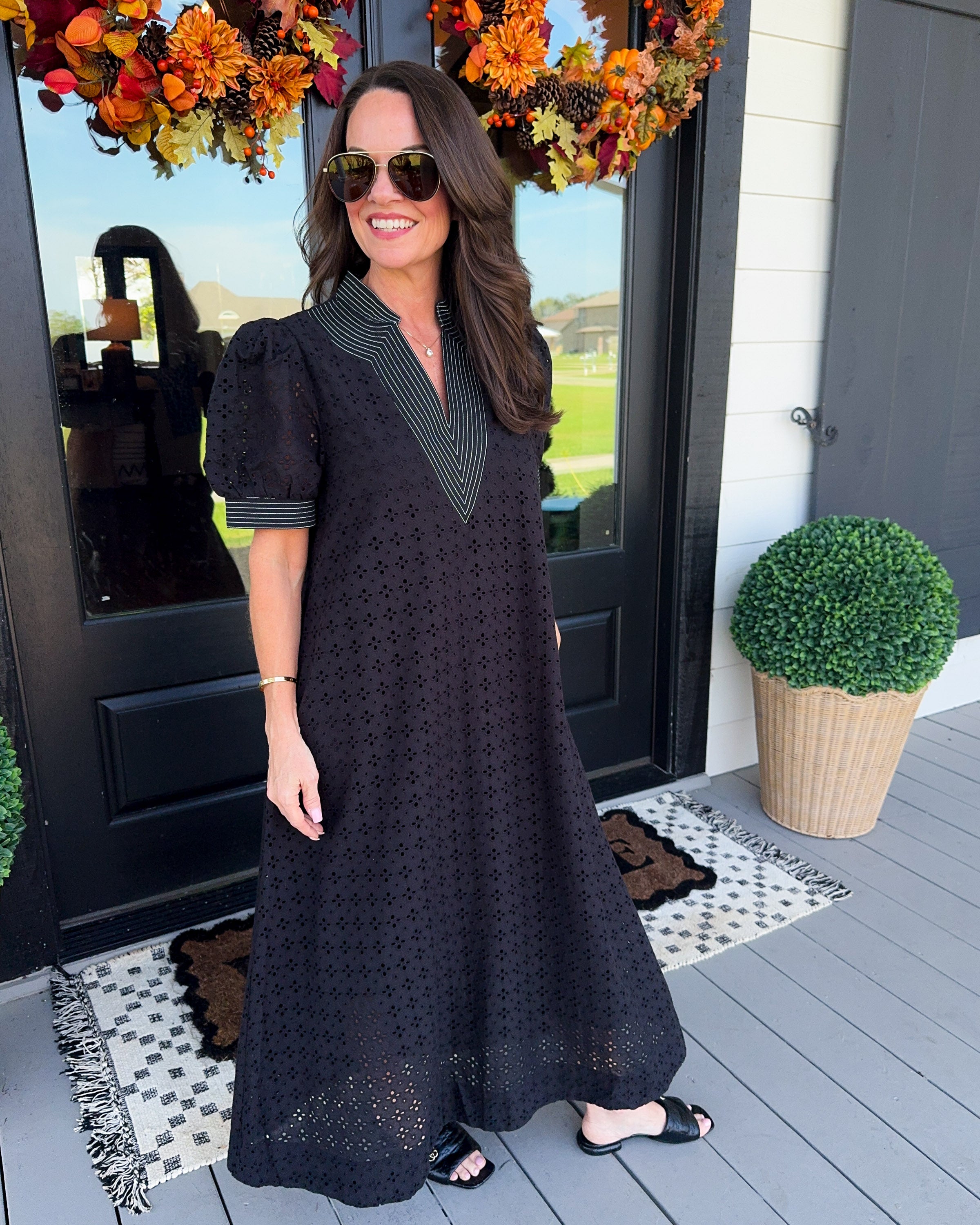 Eyelet Puff Sleeve Midi Dress