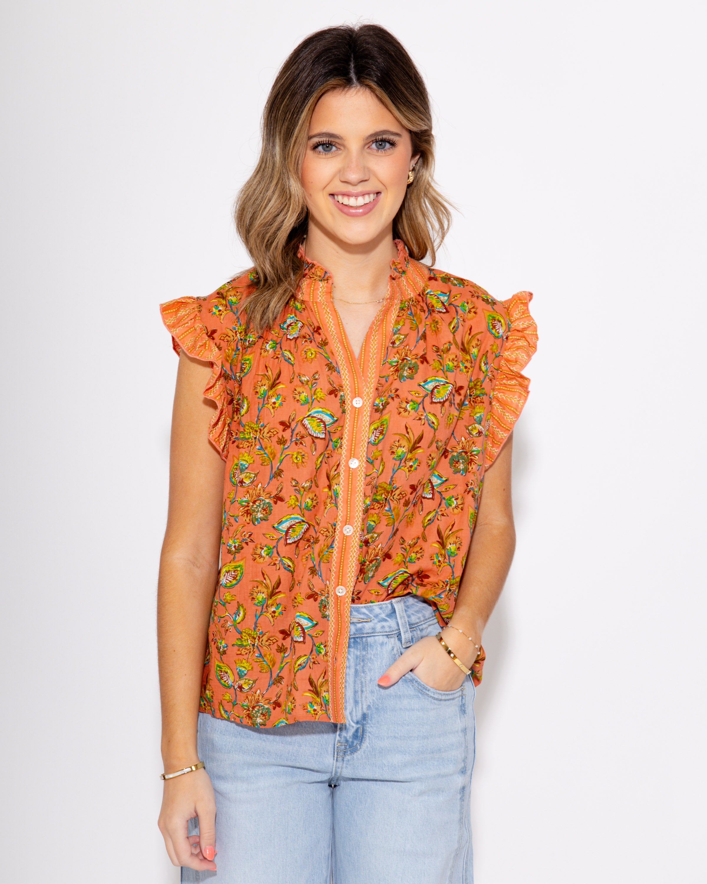Coral Floral Crush Ruffle Top
