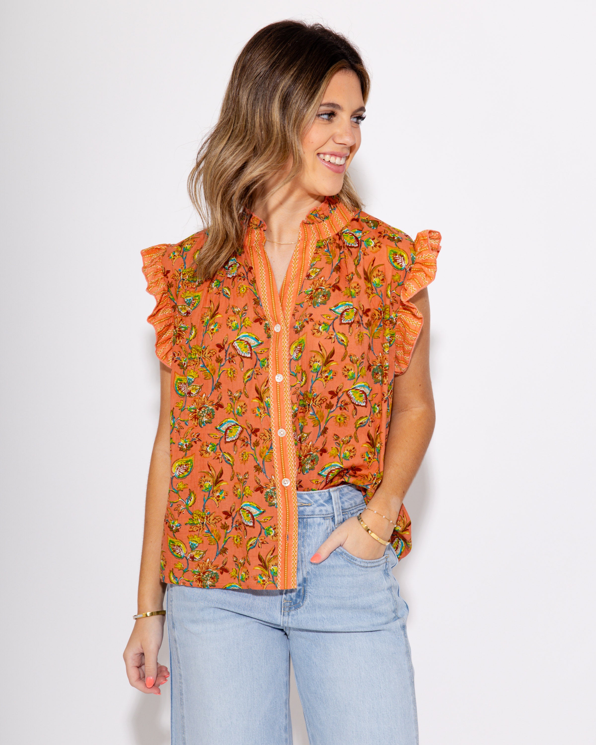 Coral Floral Crush Ruffle Top