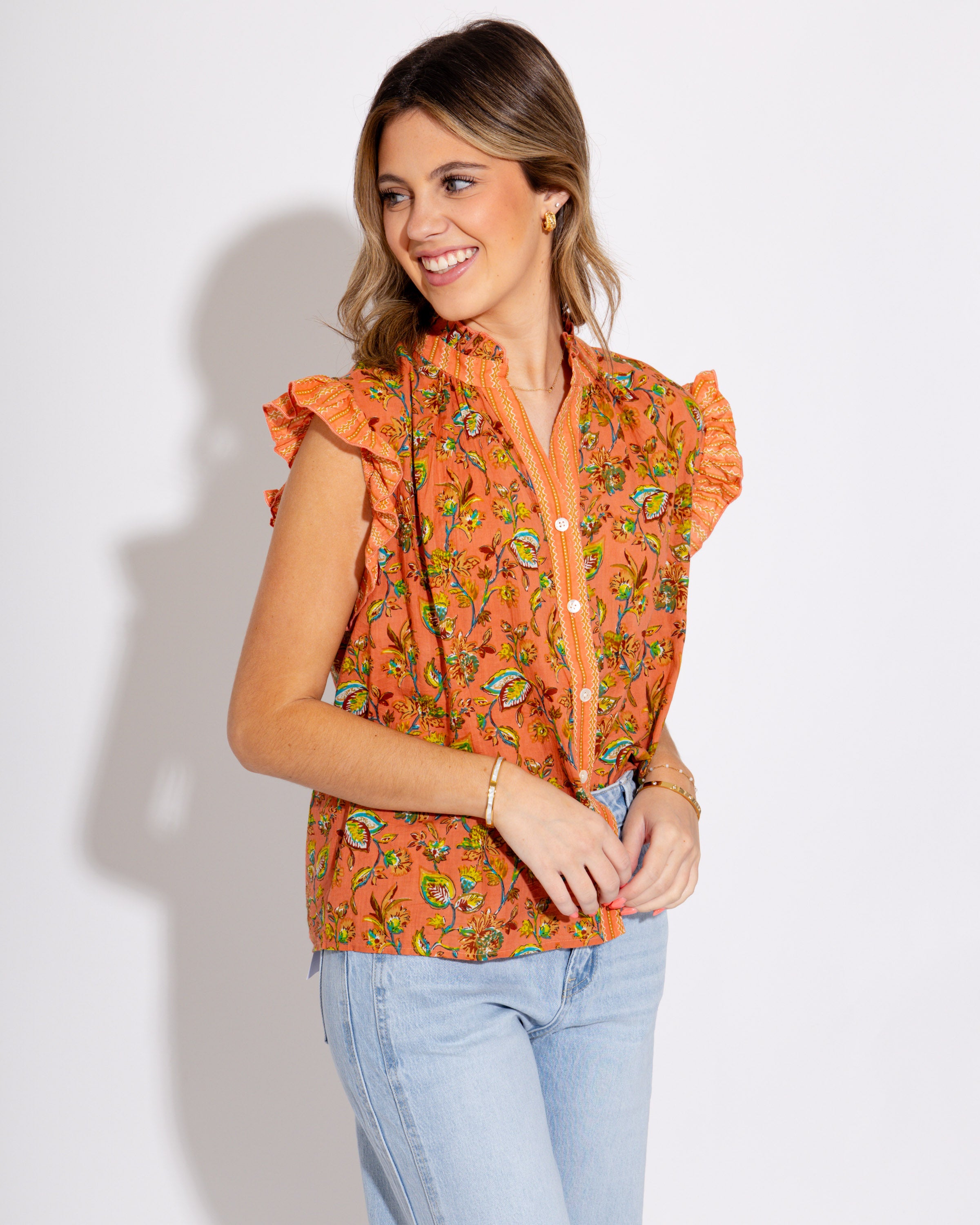 Coral Floral Crush Ruffle Top