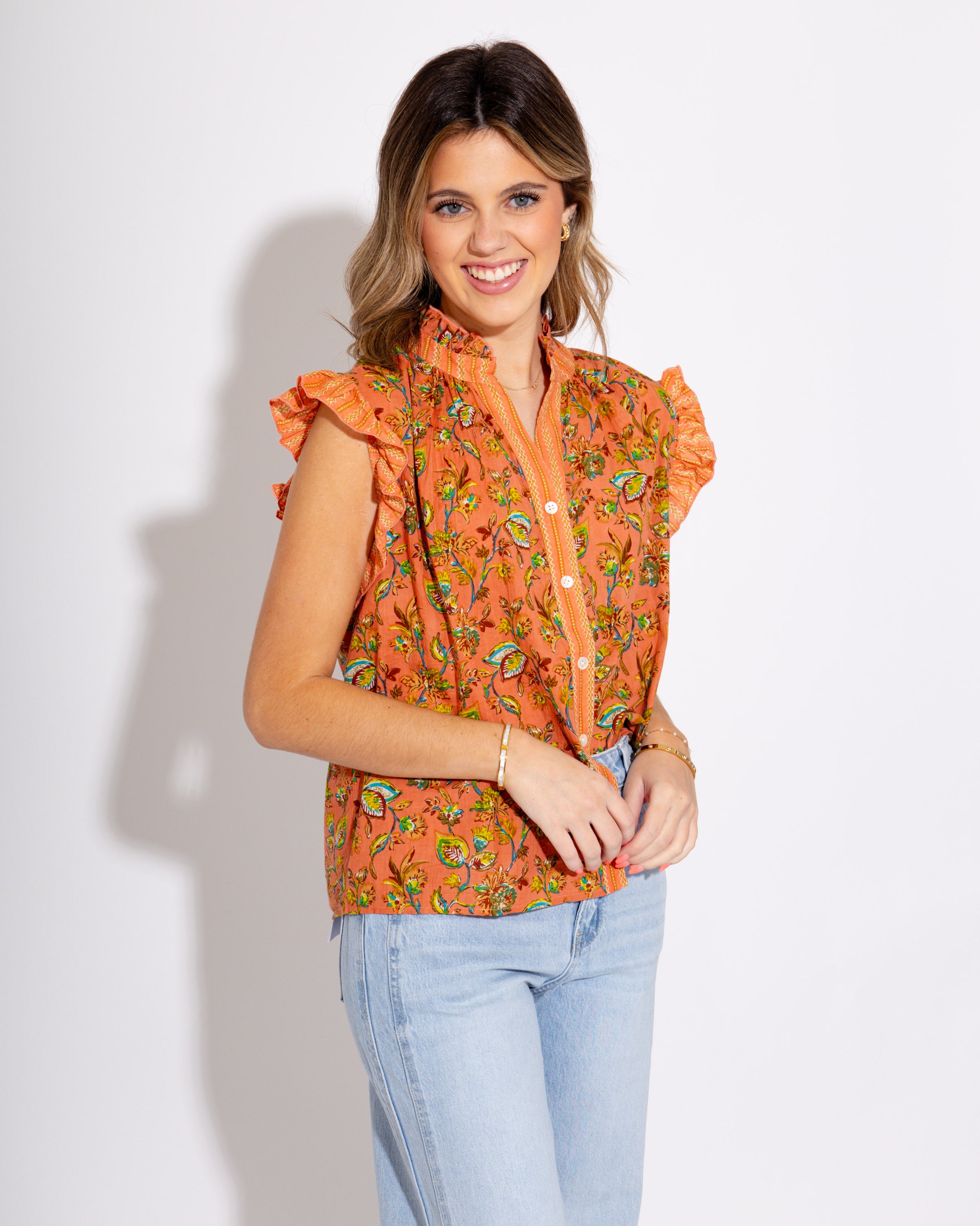 Coral Floral Crush Ruffle Top