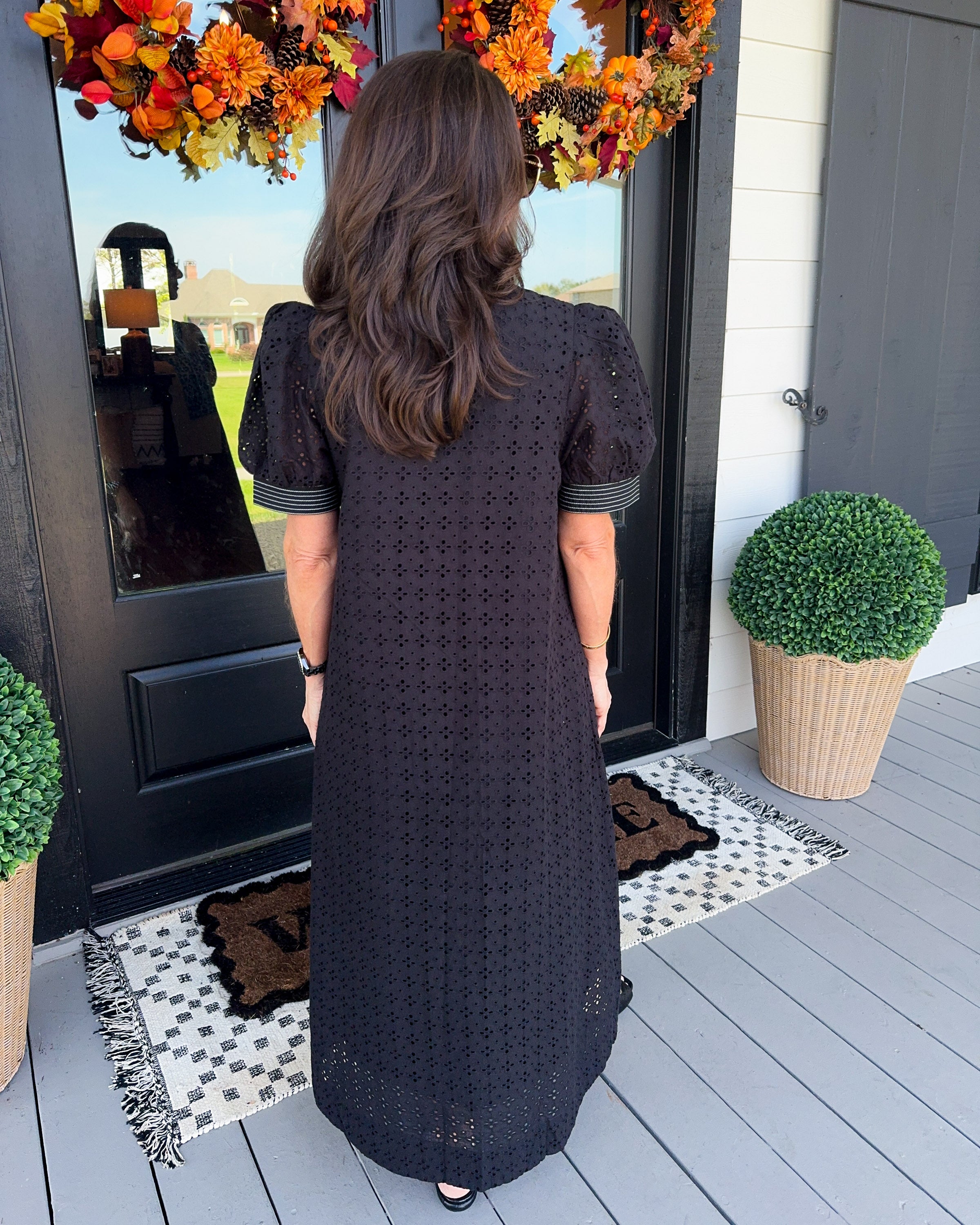 Eyelet Puff Sleeve Midi Dress