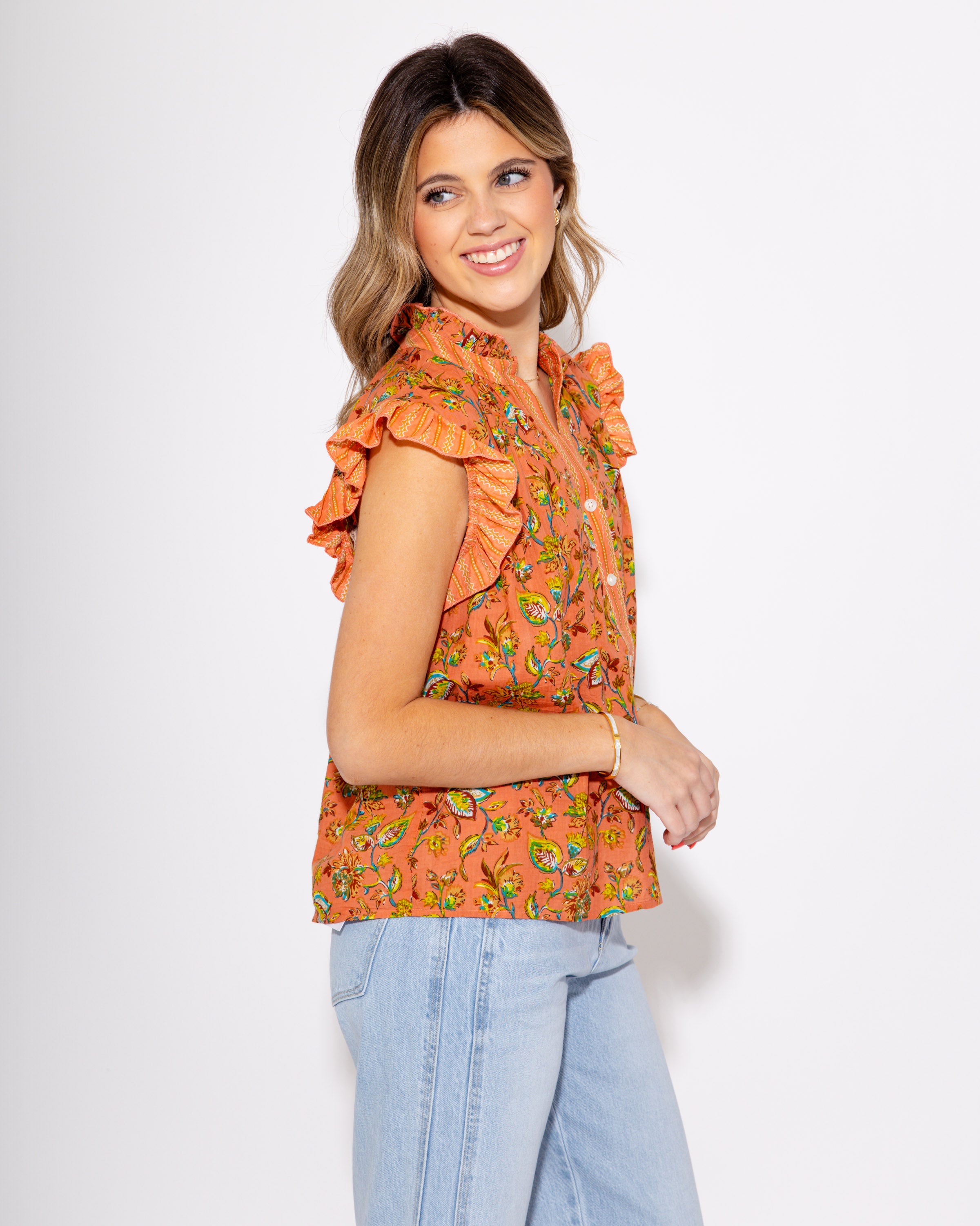 Coral Floral Crush Ruffle Top